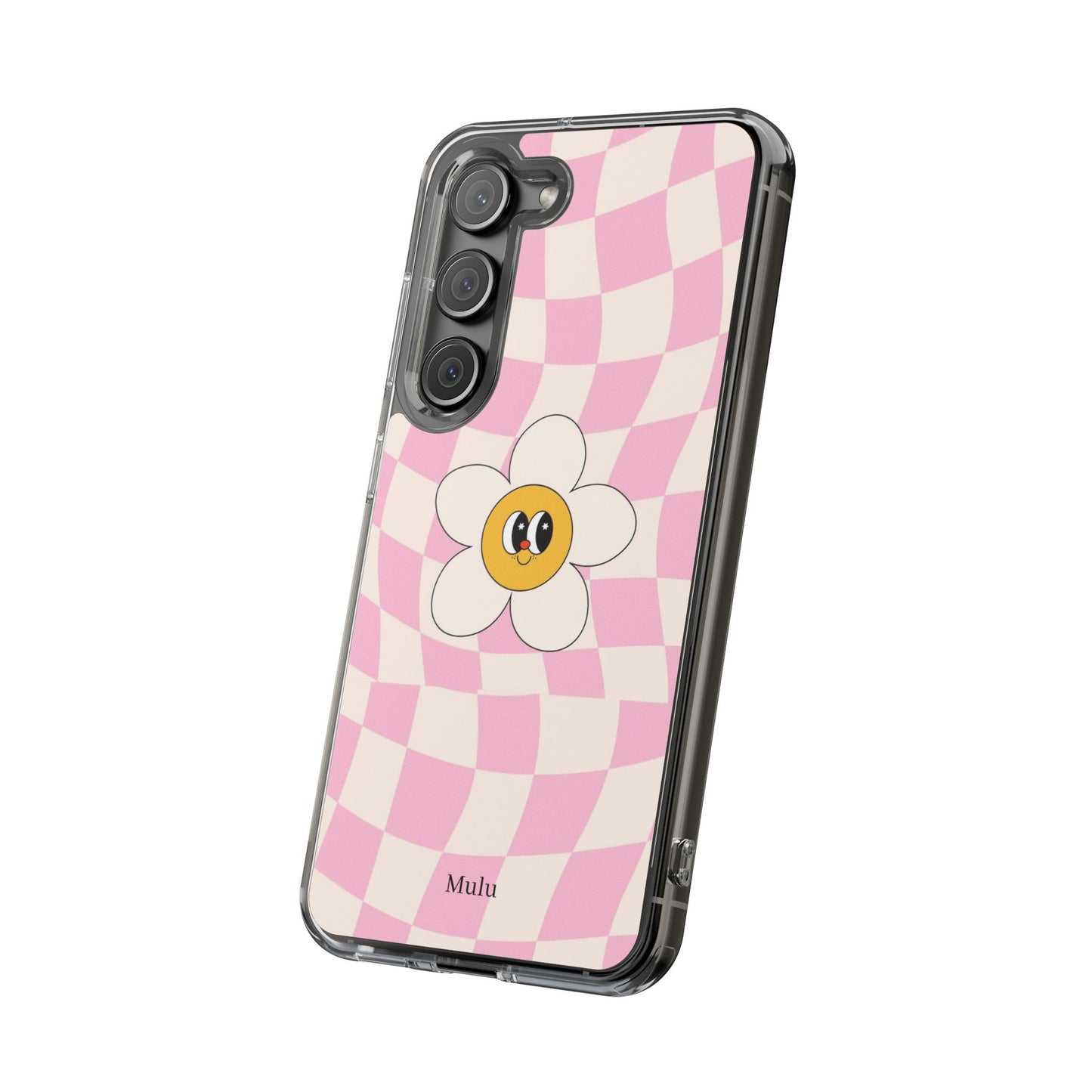 Clear Impact-Resistant Phone Case — Pink Checkerboard Daisy Design