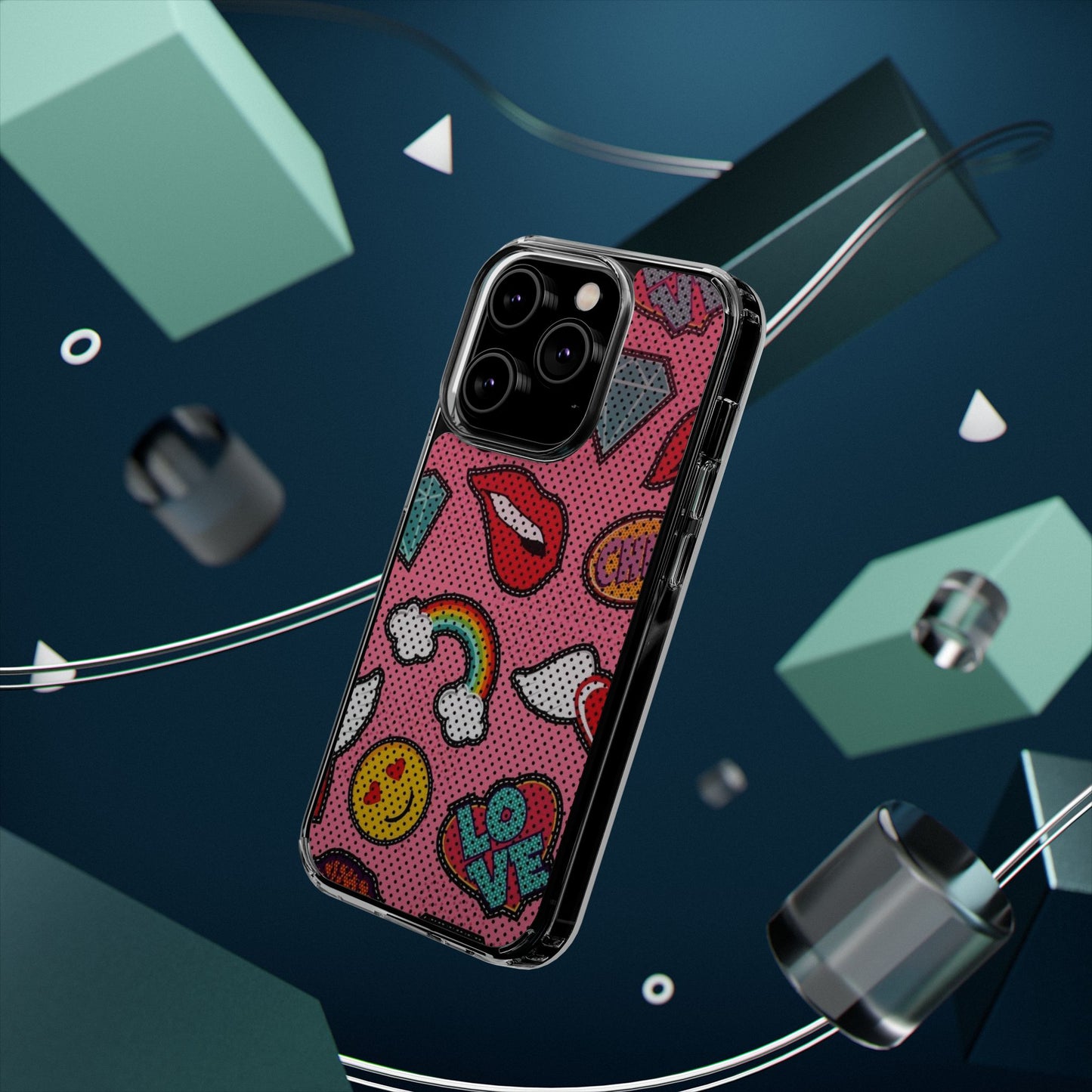 Clear Impact-Resistant Phone Case — Pink Pop Sticker Pattern (Hearts, Rainbows, Smileys)