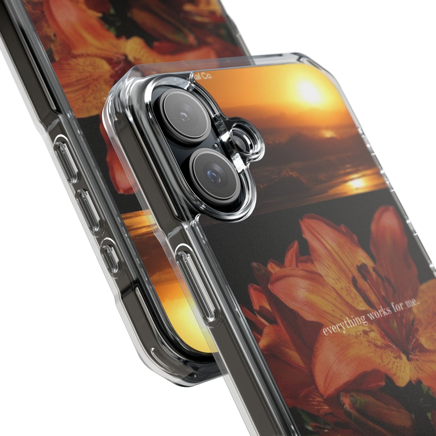Clear Magnetic Phone Case — Sunset Lily Design ("anything waits for you")