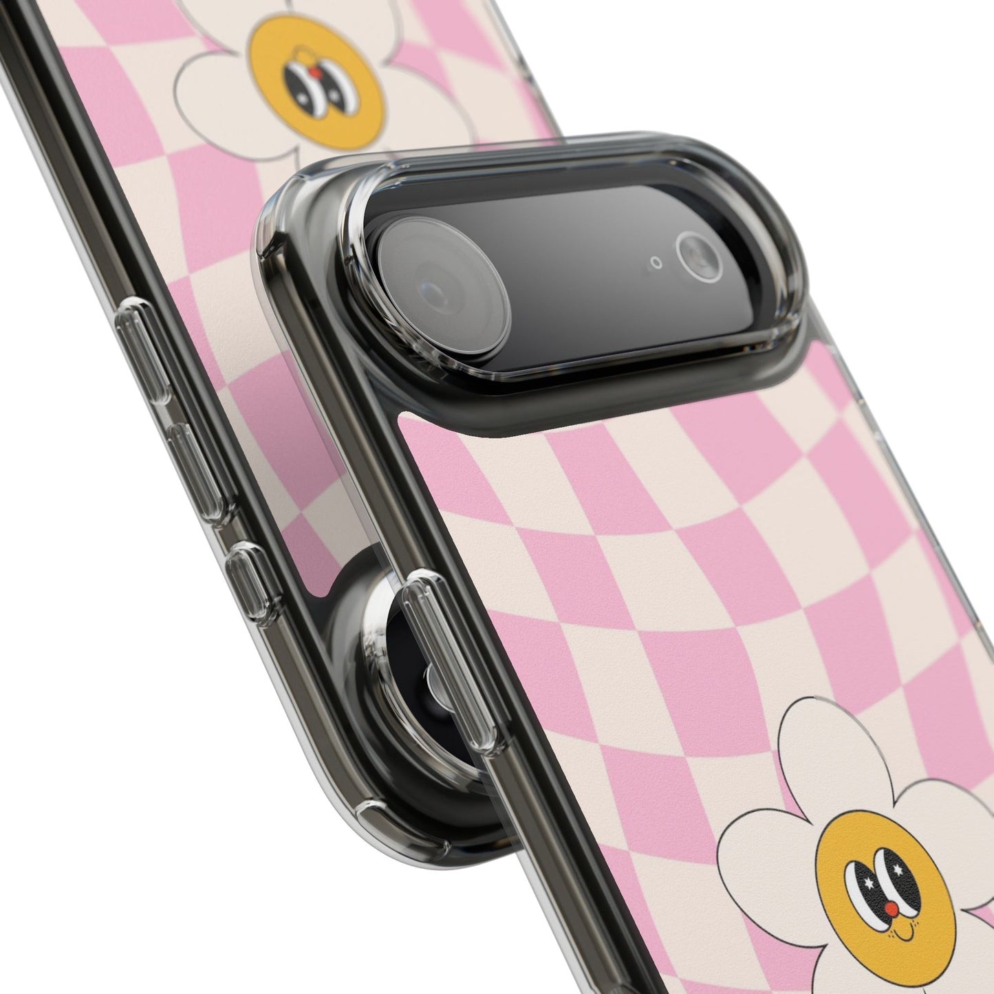 Clear Impact-Resistant Phone Case — Pink Checkerboard Daisy Design