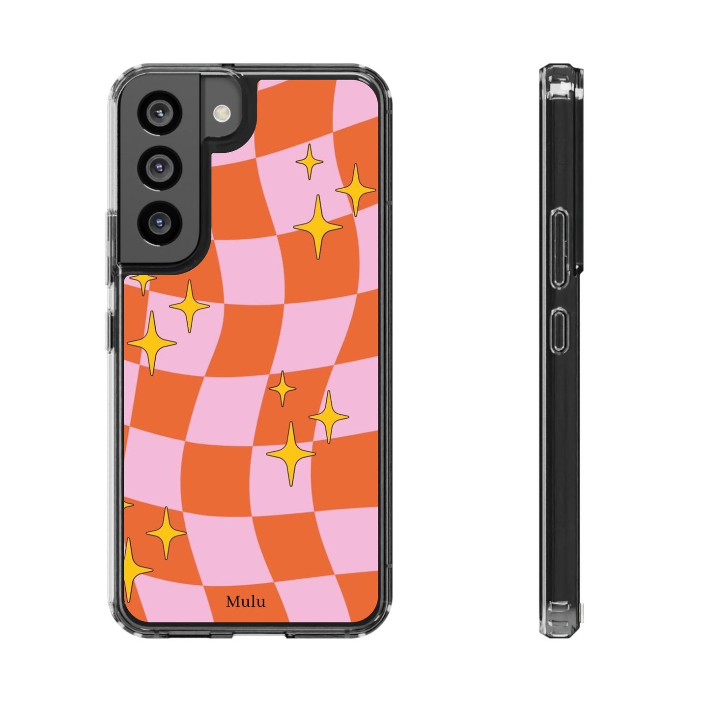Clear Impact-Resistant Case — Retro Pink & Orange Checker with Sparkle Stars