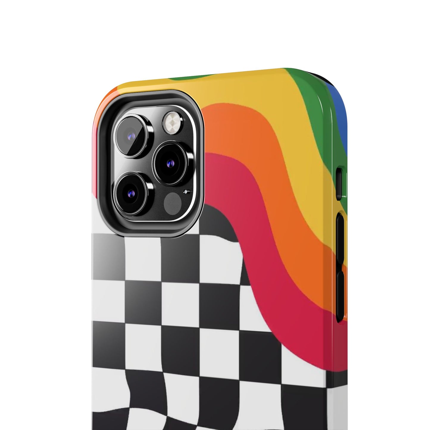 Retro Wavy Checkerboard Tough Phone Case — Rainbow Surf Skate Design