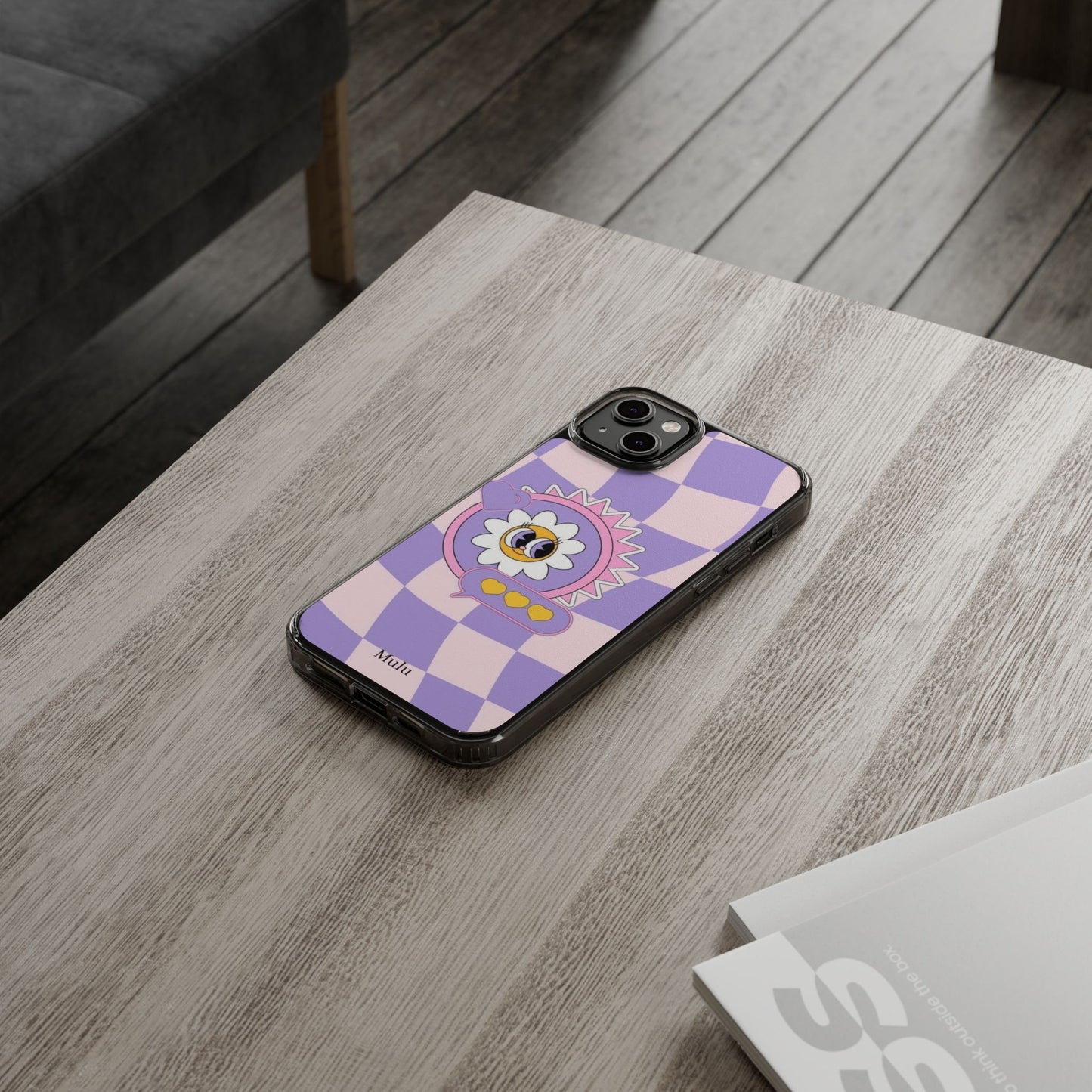Clear Impact-Resistant Case — Cute Purple Checkerboard Dino with 'Mulu'