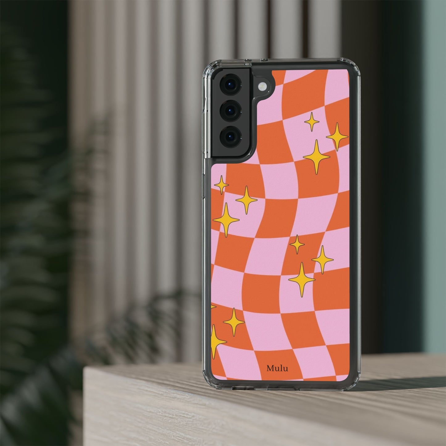 Clear Impact-Resistant Case — Retro Pink & Orange Checker with Sparkle Stars