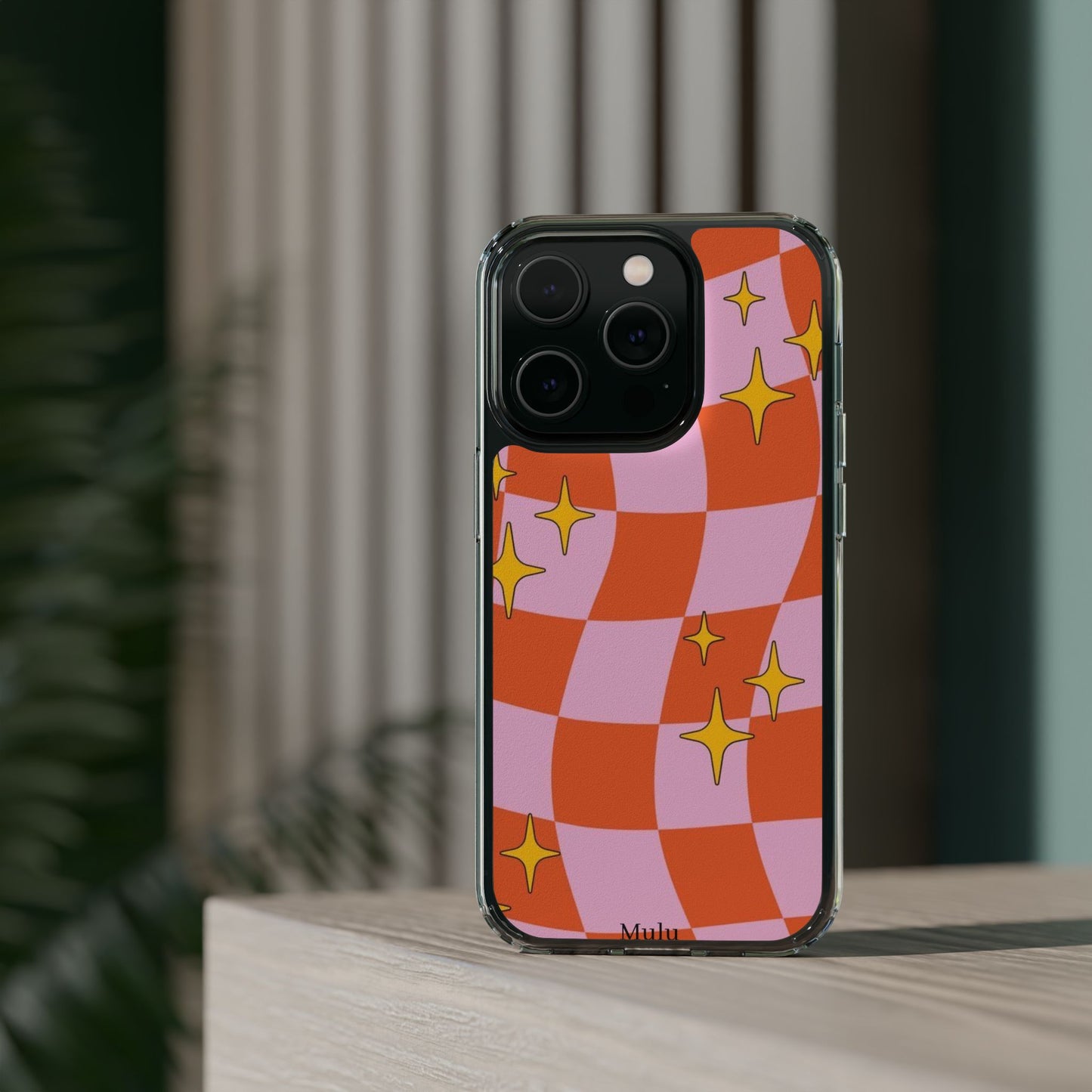 Clear Impact-Resistant Case — Retro Pink & Orange Checker with Sparkle Stars