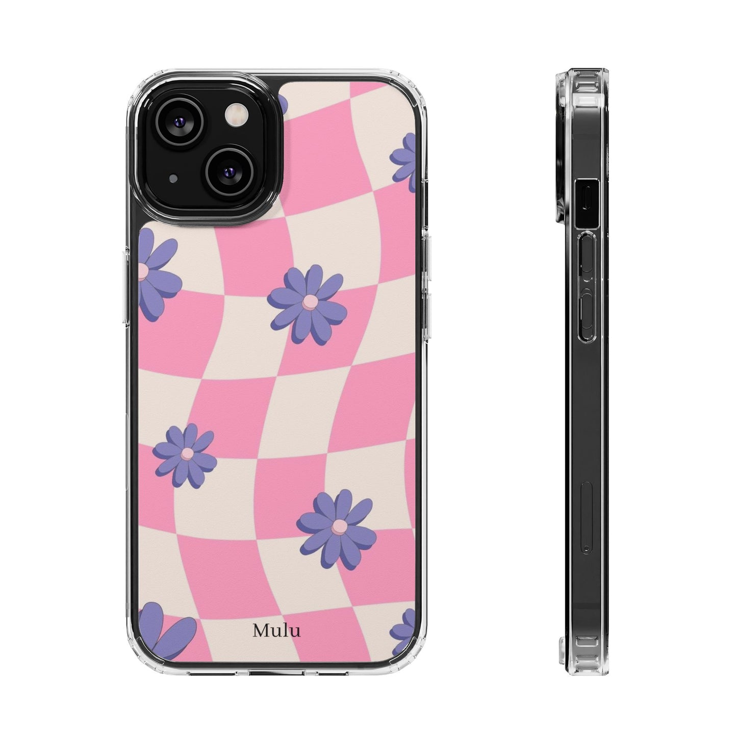 Clear Impact Phone Case — Pink Checkerboard with Purple Flowers