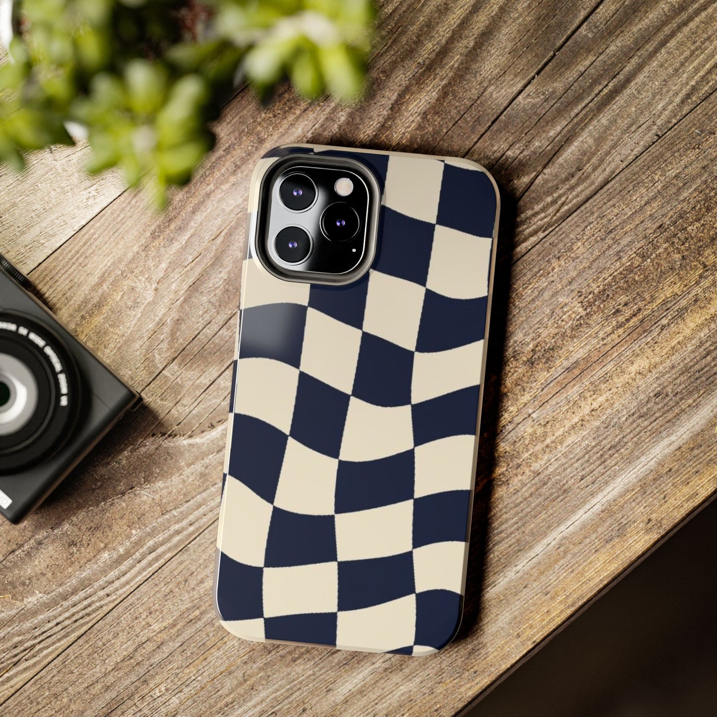 Wavy Checkerboard Tough Phone Case — Navy & Cream Protective Cover
