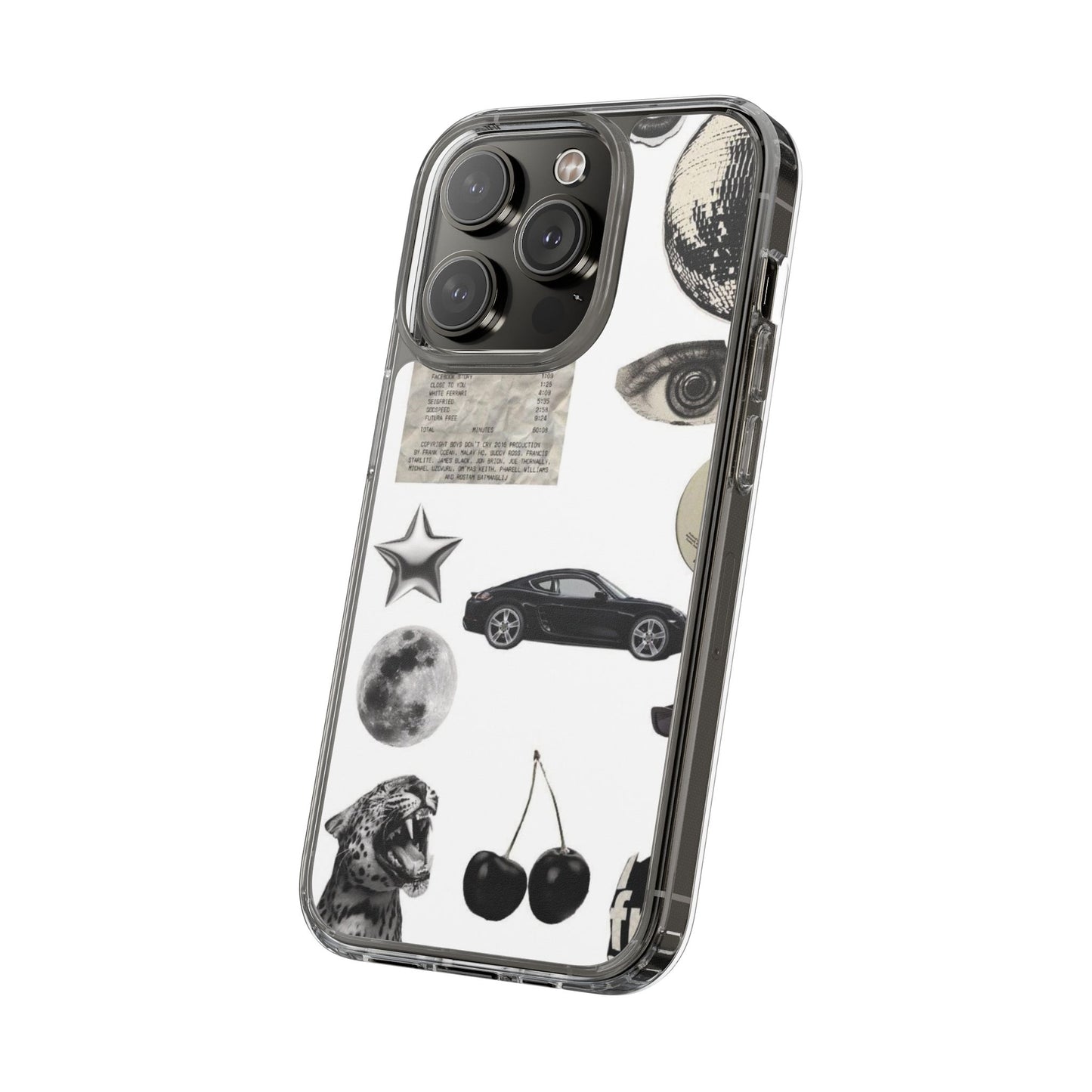 Clear Phone Case — Vintage Collage Stickers (Moon, Eye, Car, Cherries)