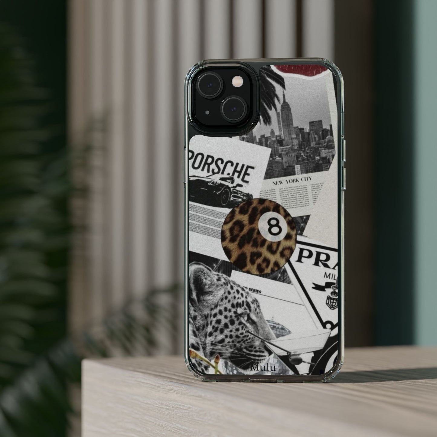 Clear Impact-Resistant Phone Case — Collage Luxury Leopard & Vintage Car Design