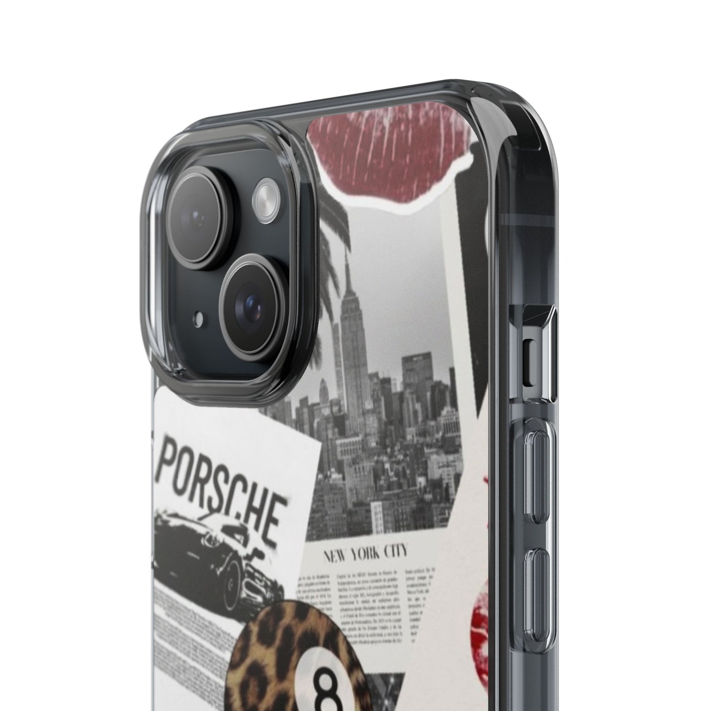 Clear Impact-Resistant Phone Case — Collage Luxury Leopard & Vintage Car Design