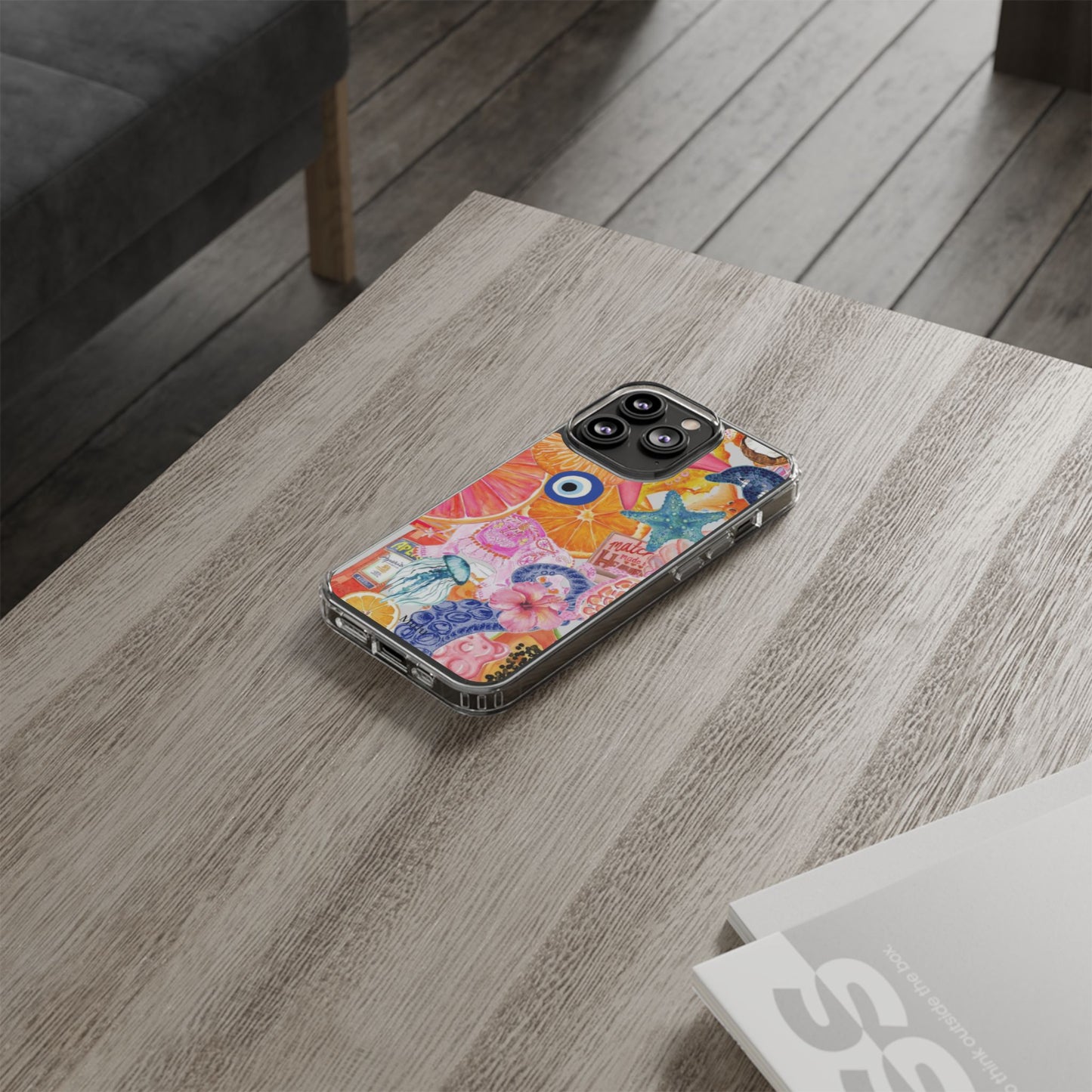 Clear Impact-Resistant Phone Case — Colorful Tropical Collage Design