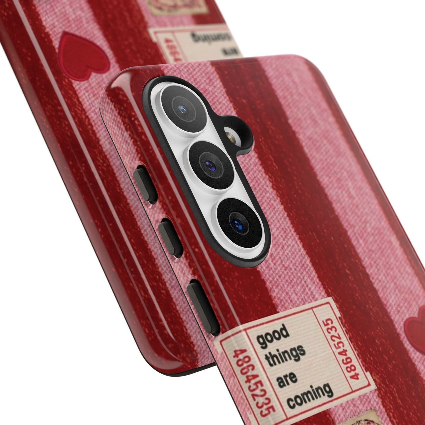 Phone Case — Red Striped Heart Design with “Good Things Are Coming”