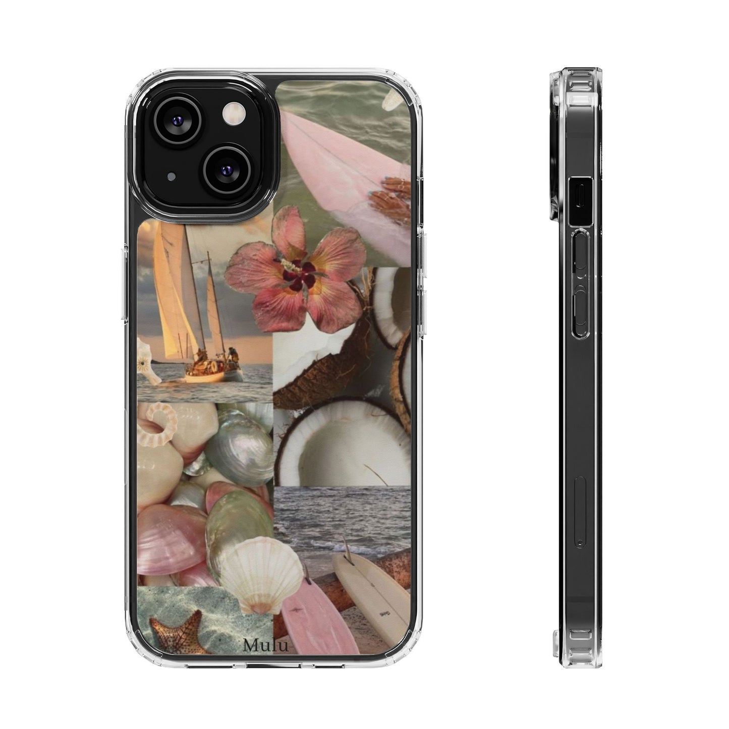 Clear Phone Case — Coastal Collage Shells & Surf Design