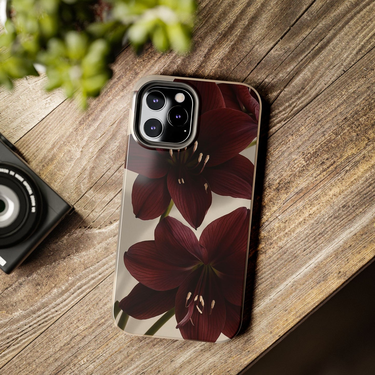 Amaryllis Noir Tough Phone Case — Dark Burgundy Floral Protective Cover