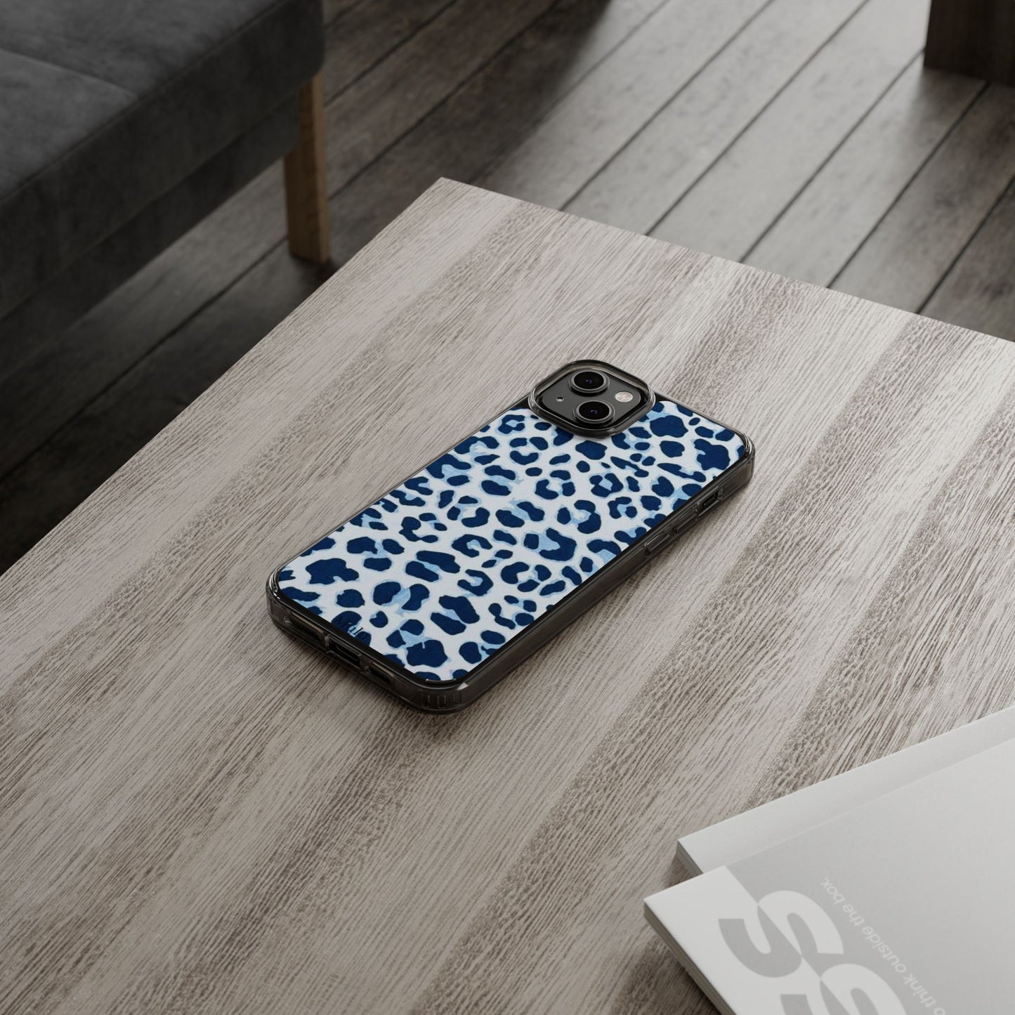 Clear Impact-Resistant Phone Case — Blue Watercolor Leopard Print