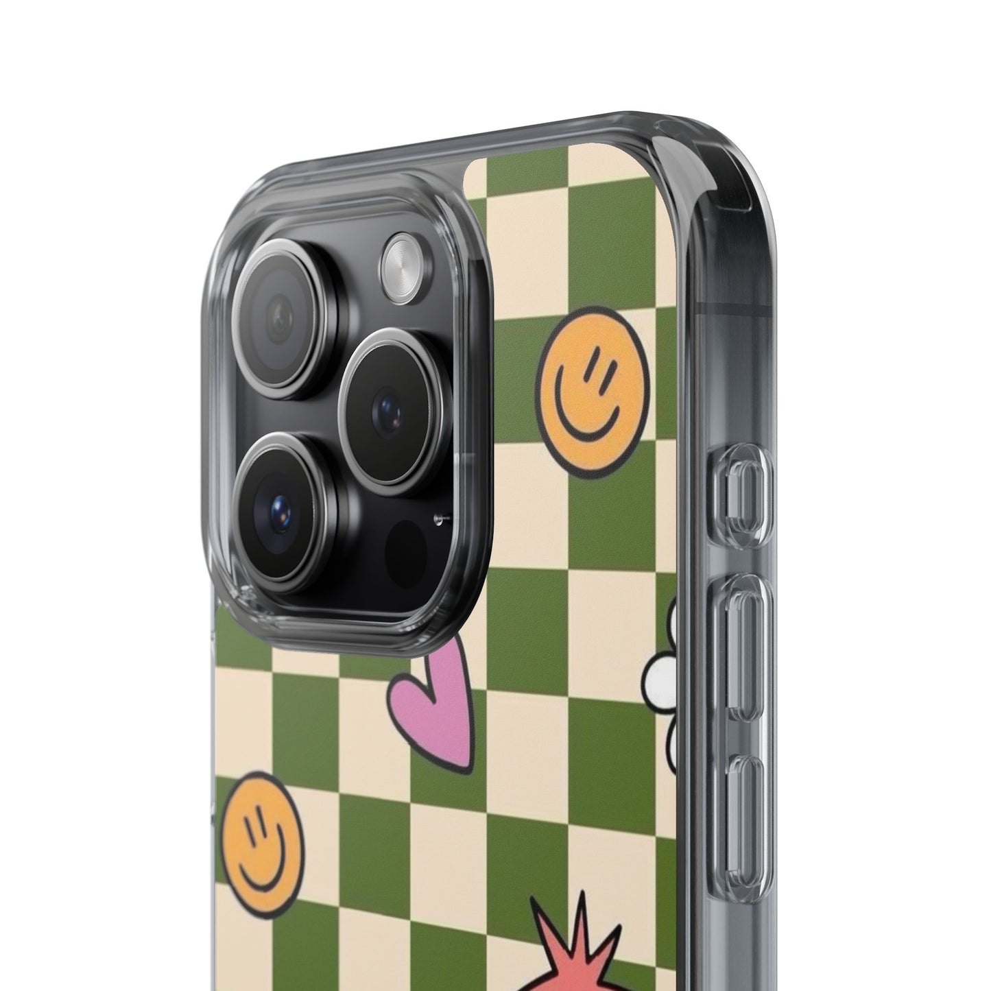 Clear Impact-Resistant Case — Retro Green Checkerboard with Smiley, Hearts & Flowers