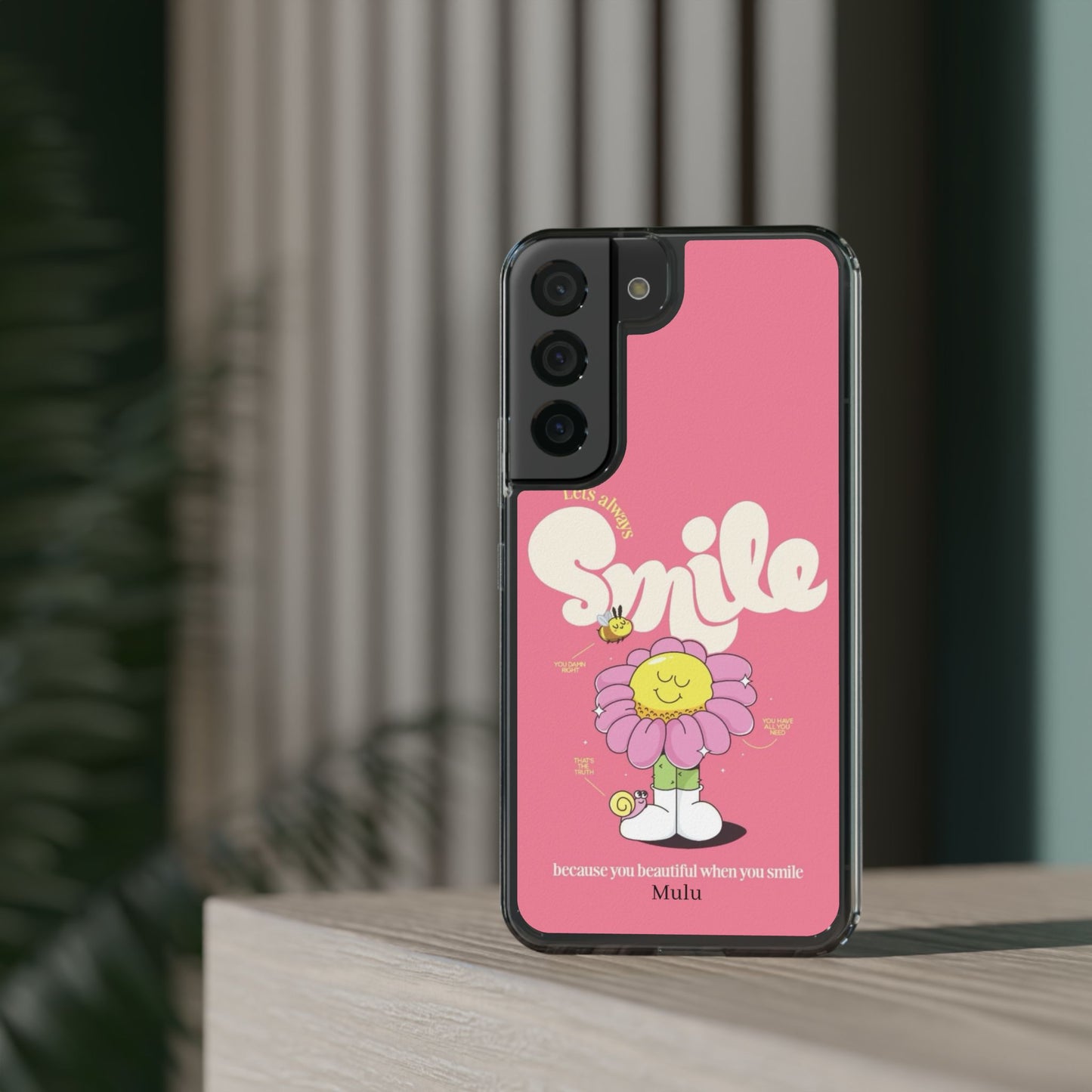 Clear Impact-Resistant Phone Case — Pink 'Smile' Flower Design