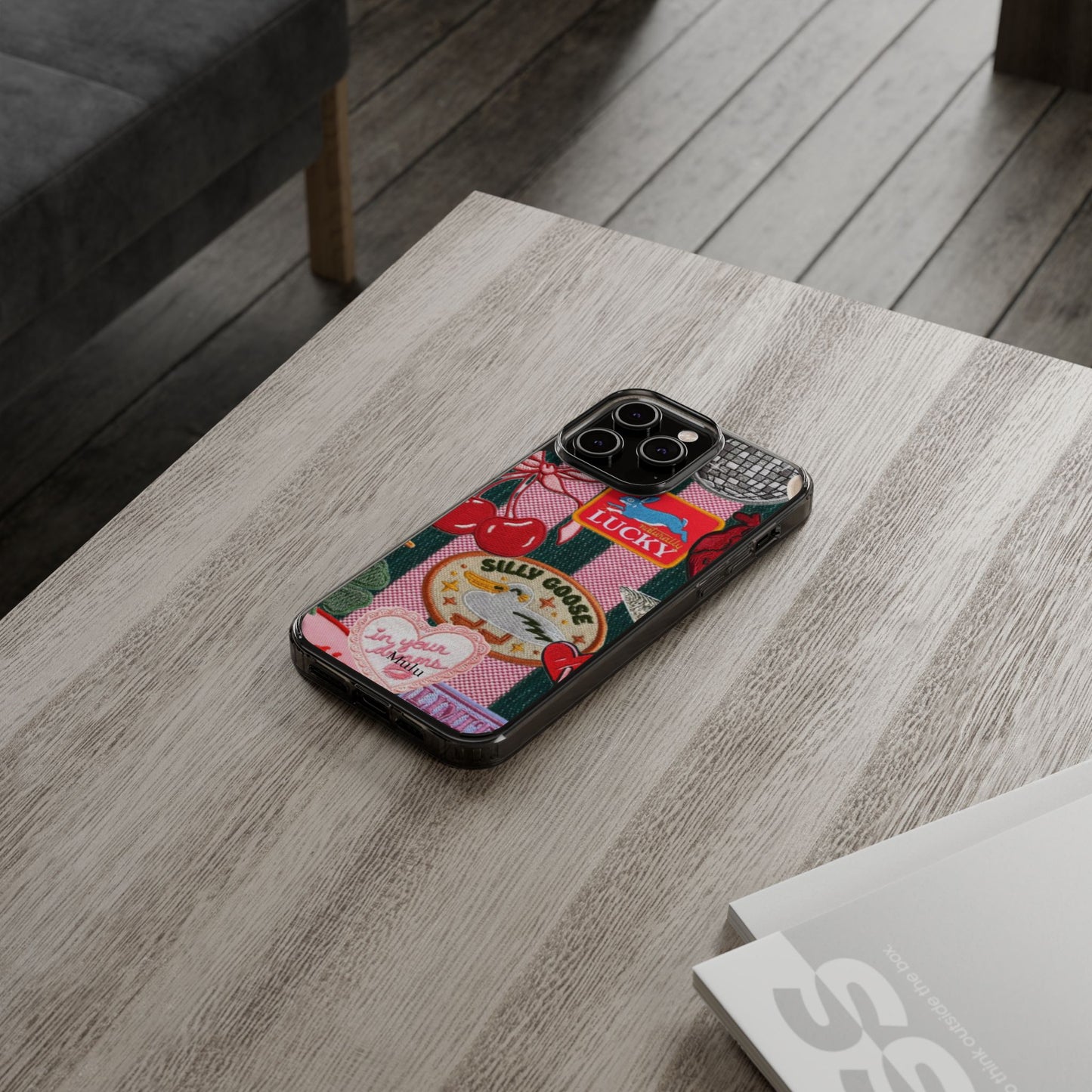 Clear Impact-Resistant Phone Case — Retro Patchwork Stickers (Lucky, Cherries, Silly Goose)