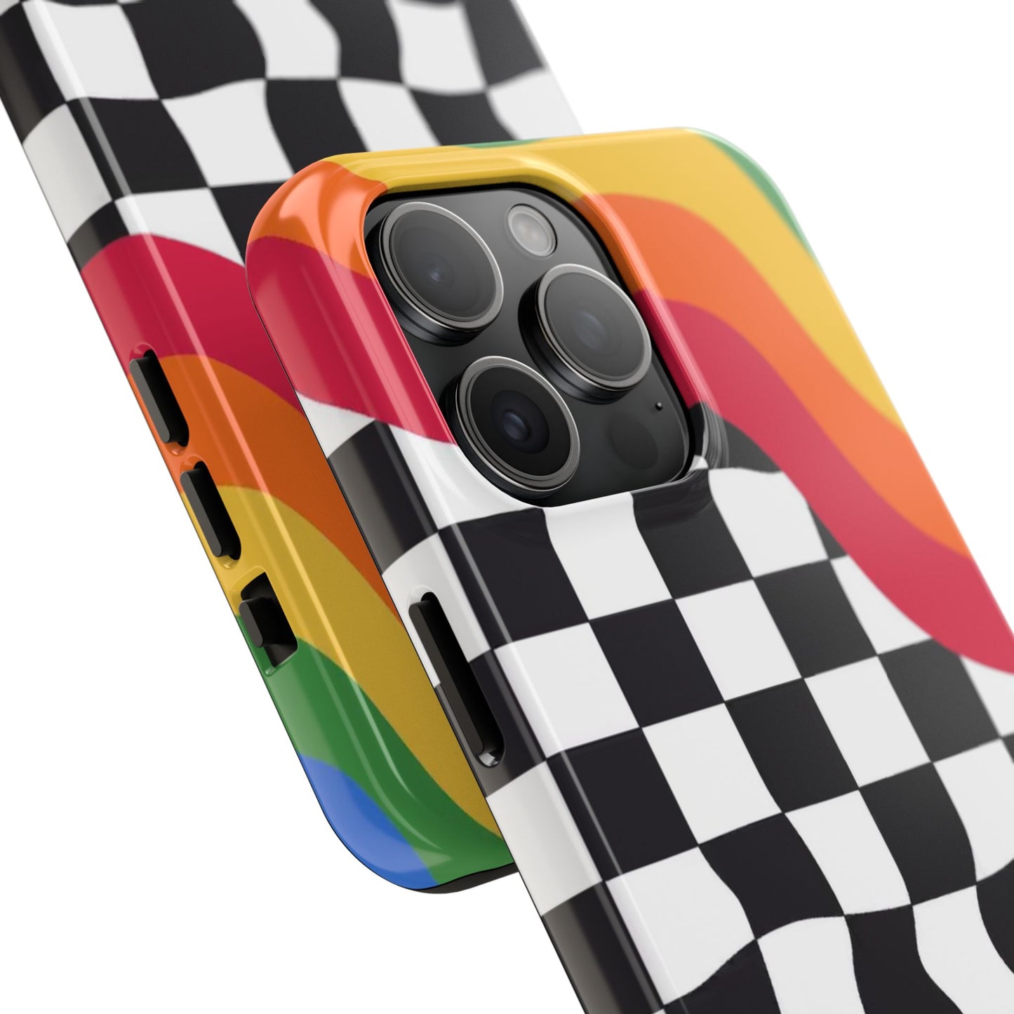 Retro Wavy Checkerboard Tough Phone Case — Rainbow Surf Skate Design