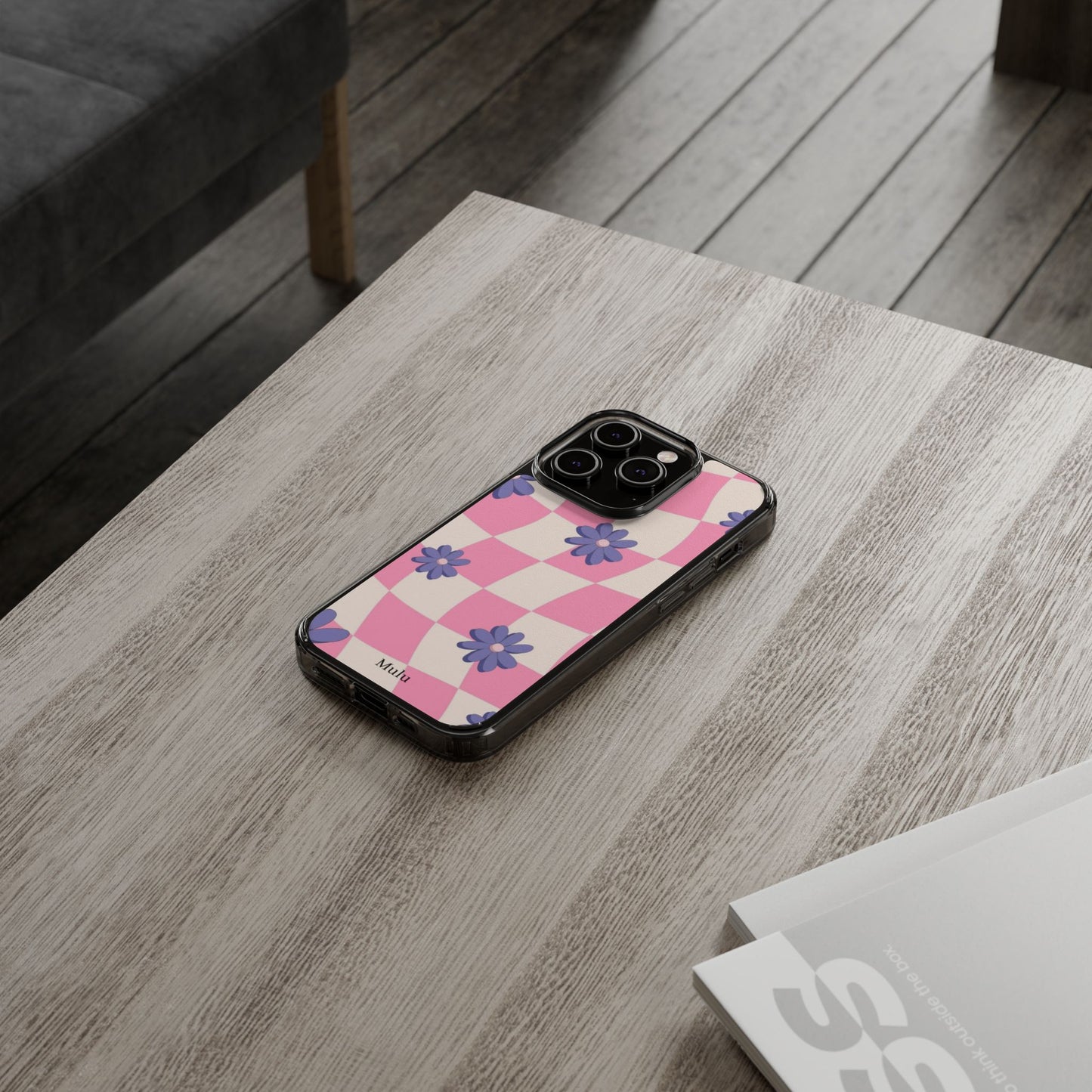 Clear Impact Phone Case — Pink Checkerboard with Purple Flowers