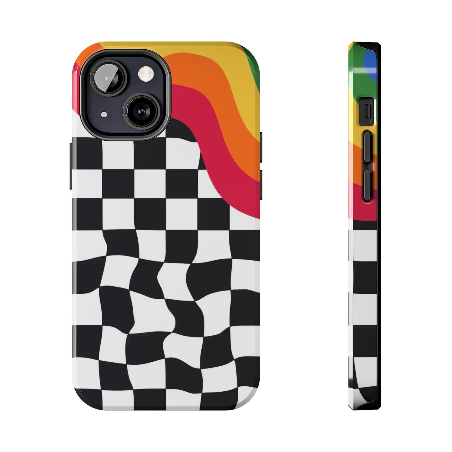 Retro Wavy Checkerboard Tough Phone Case — Rainbow Surf Skate Design
