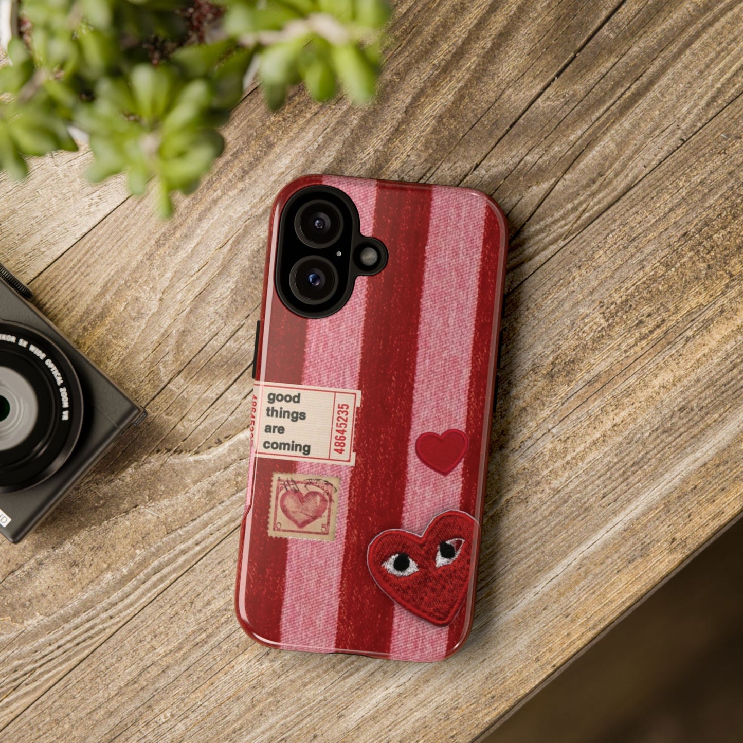 Phone Case — Red Striped Heart Design with “Good Things Are Coming”