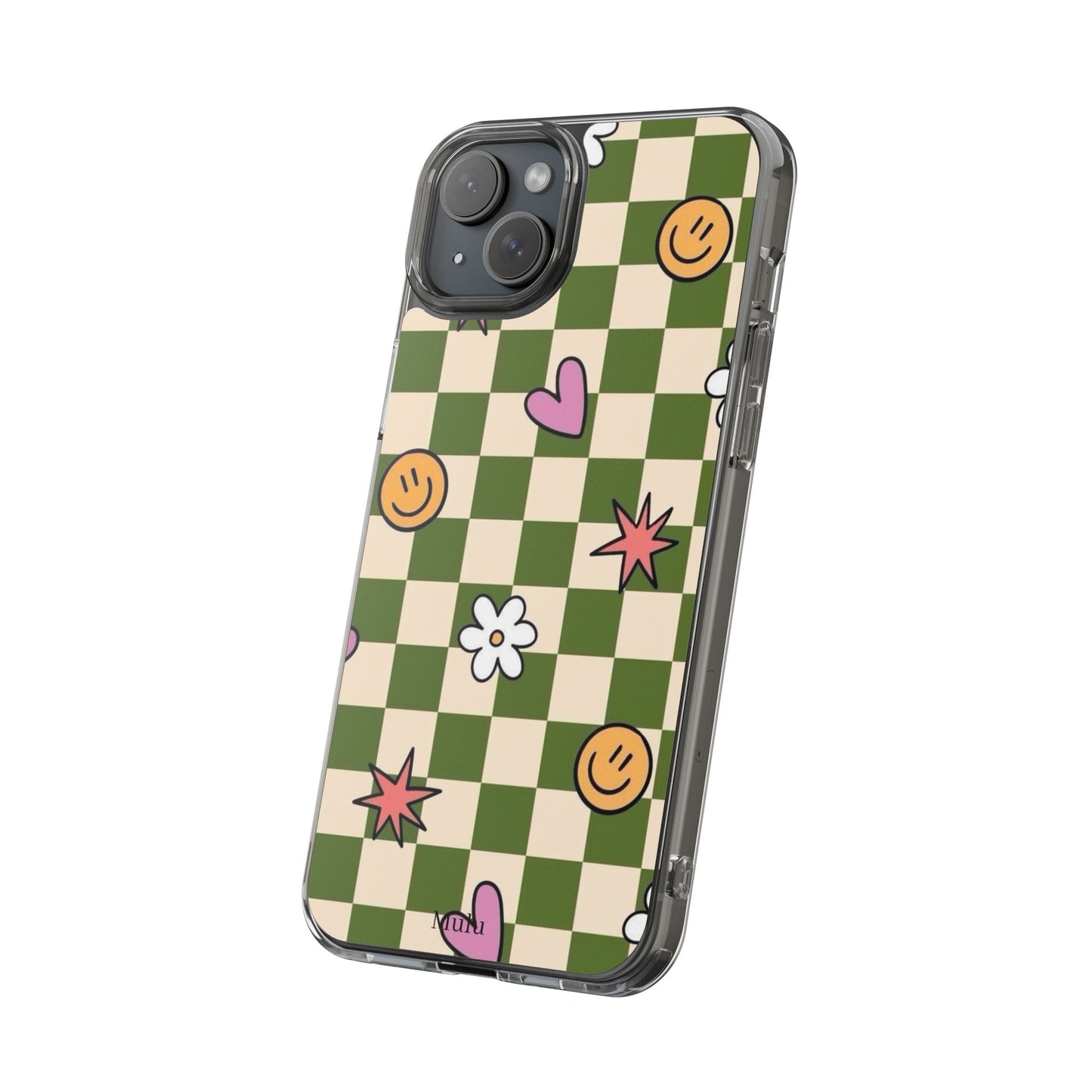 Clear Impact-Resistant Case — Retro Green Checkerboard with Smiley, Hearts & Flowers