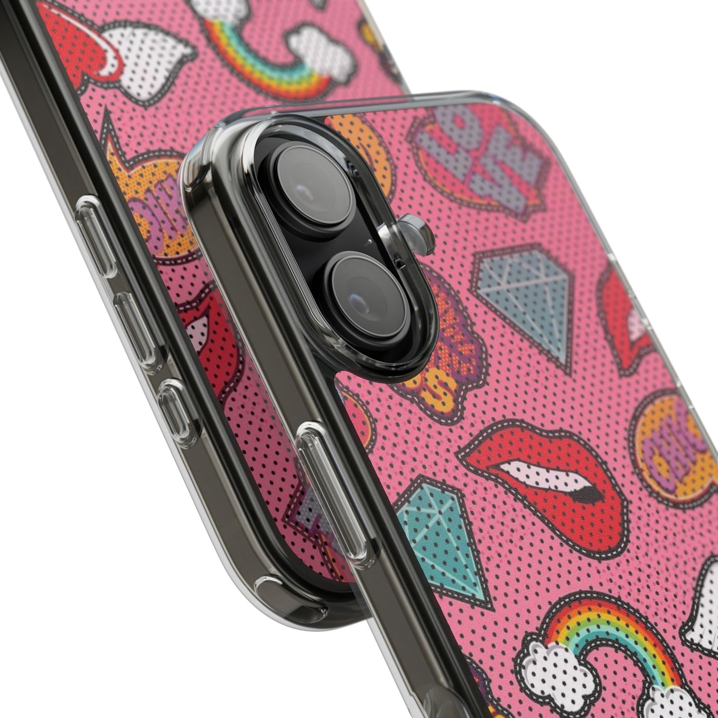 Clear Impact-Resistant Phone Case — Pink Pop Sticker Pattern (Hearts, Rainbows, Smileys)