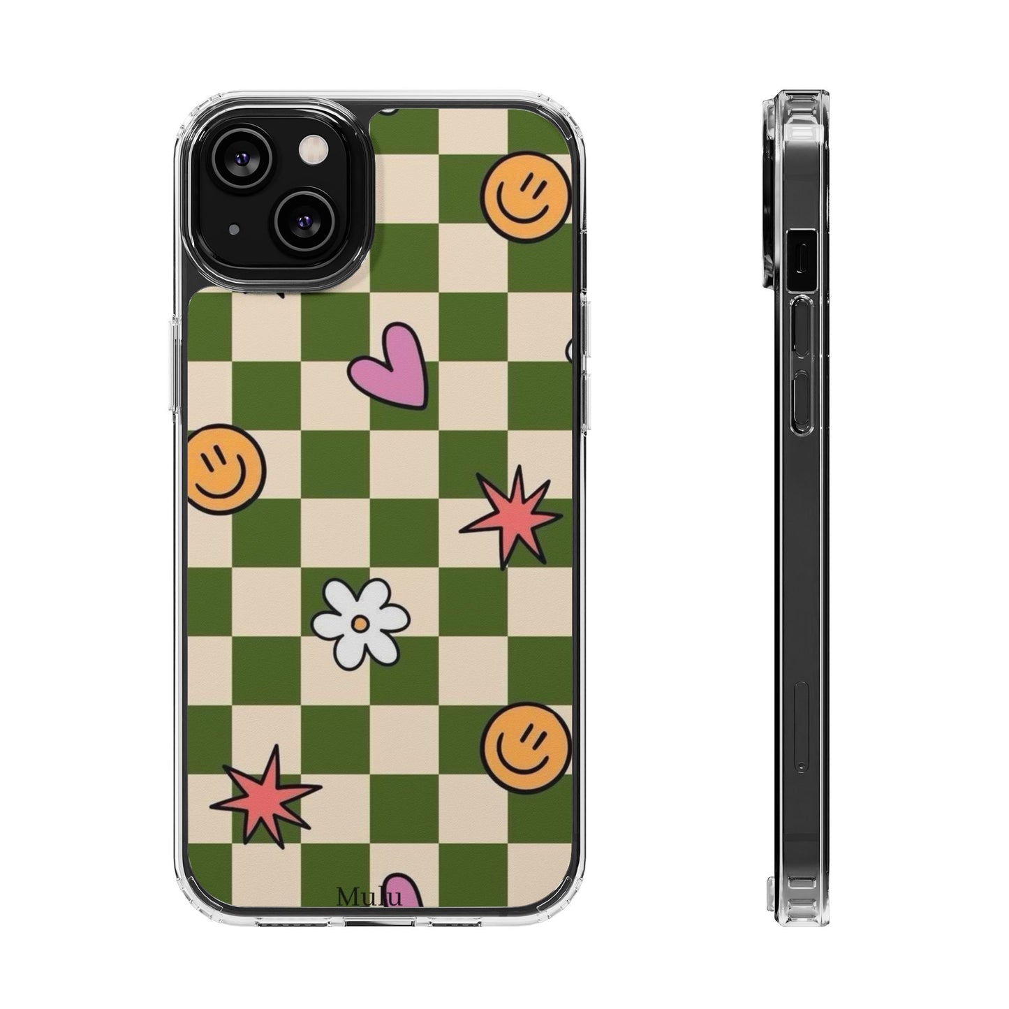 Clear Impact-Resistant Case — Retro Green Checkerboard with Smiley, Hearts & Flowers