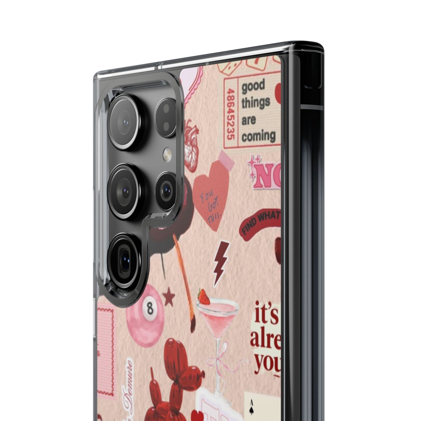 Clear Impact-Resistant Phone Case — Retro Cherry & Sticker Collage