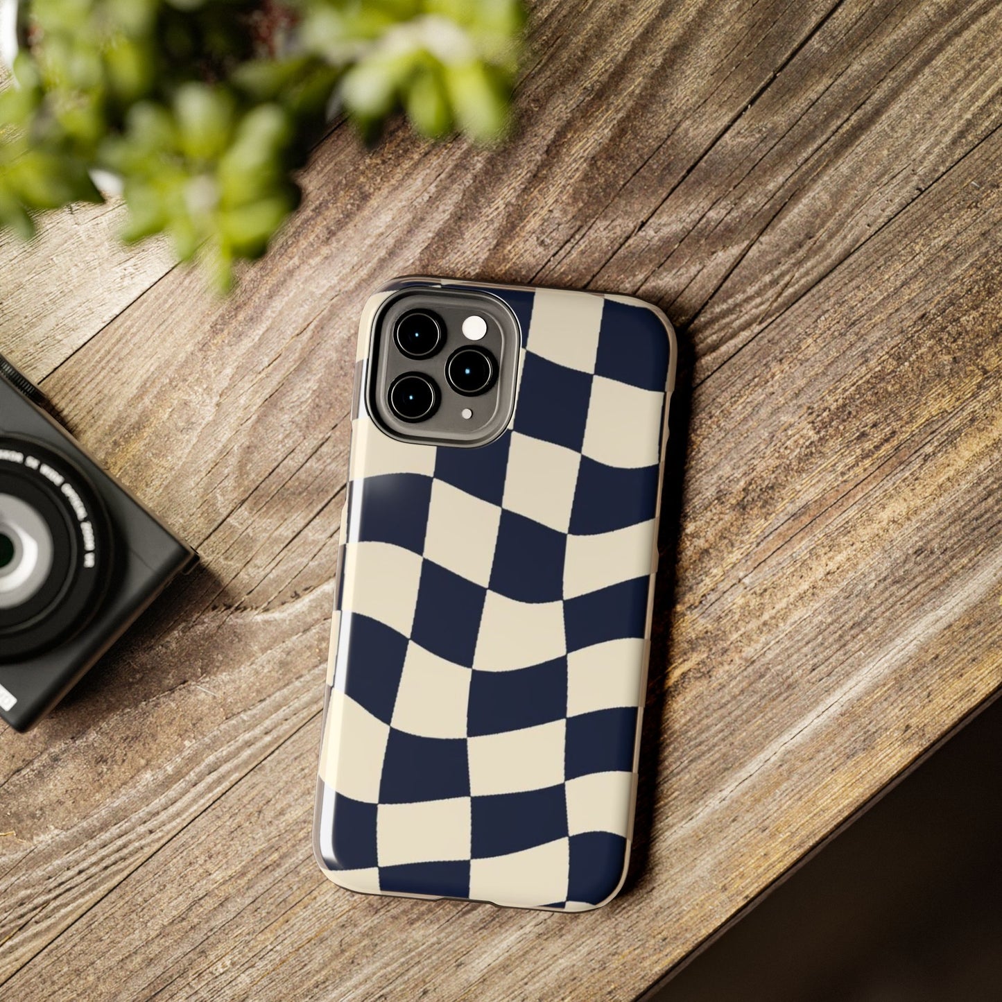 Wavy Checkerboard Tough Phone Case — Navy & Cream Protective Cover