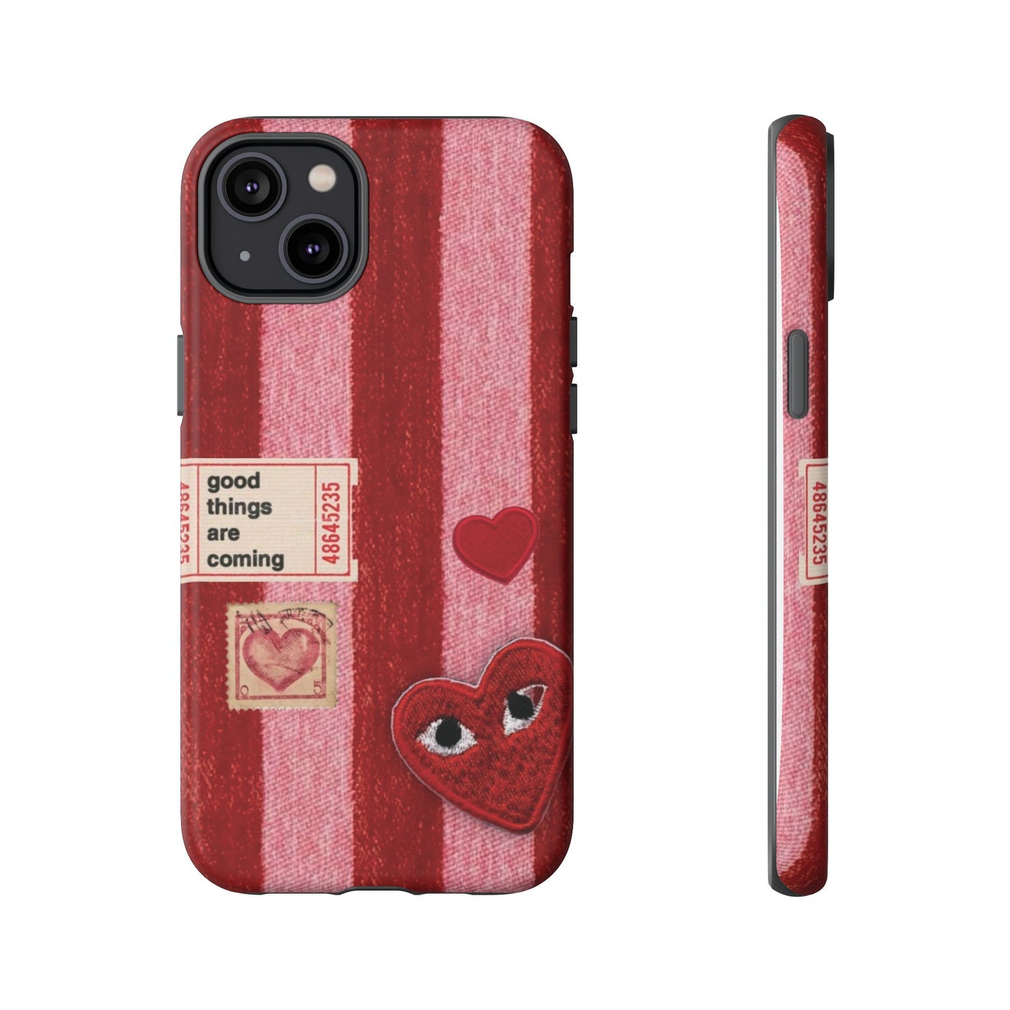Phone Case — Red Striped Heart Design with “Good Things Are Coming”