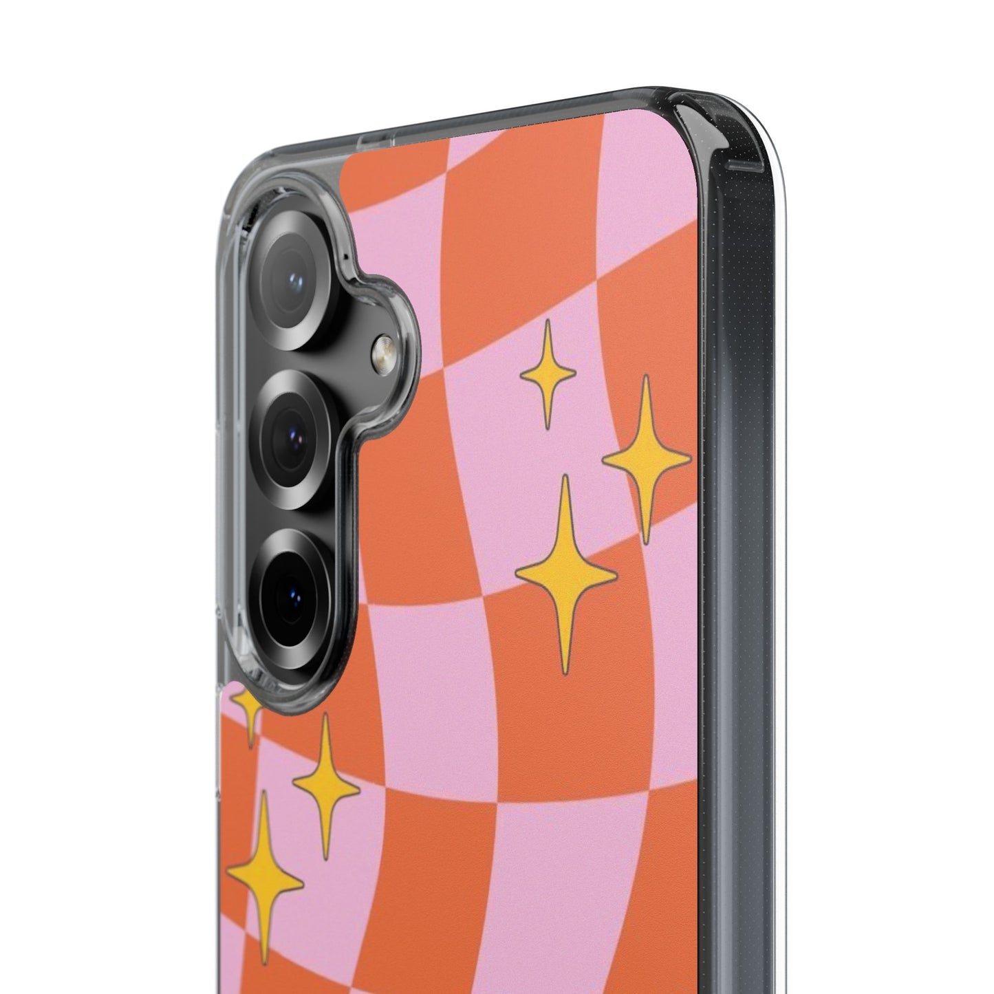 Clear Impact-Resistant Case — Retro Pink & Orange Checker with Sparkle Stars
