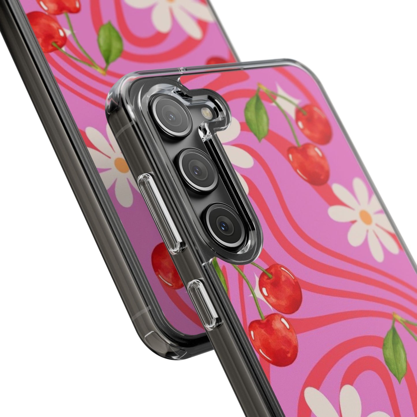 Clear Impact Phone Case — Retro Cherry & Daisy Floral Design