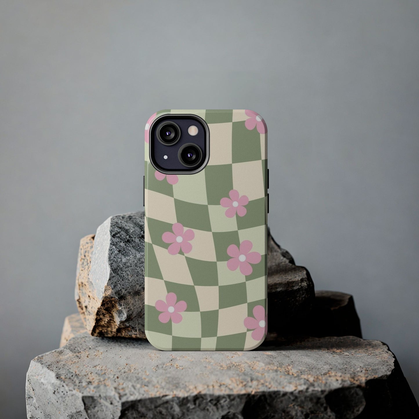 Tough Phone Case — Retro Green Checkerboard with Pink Flowers