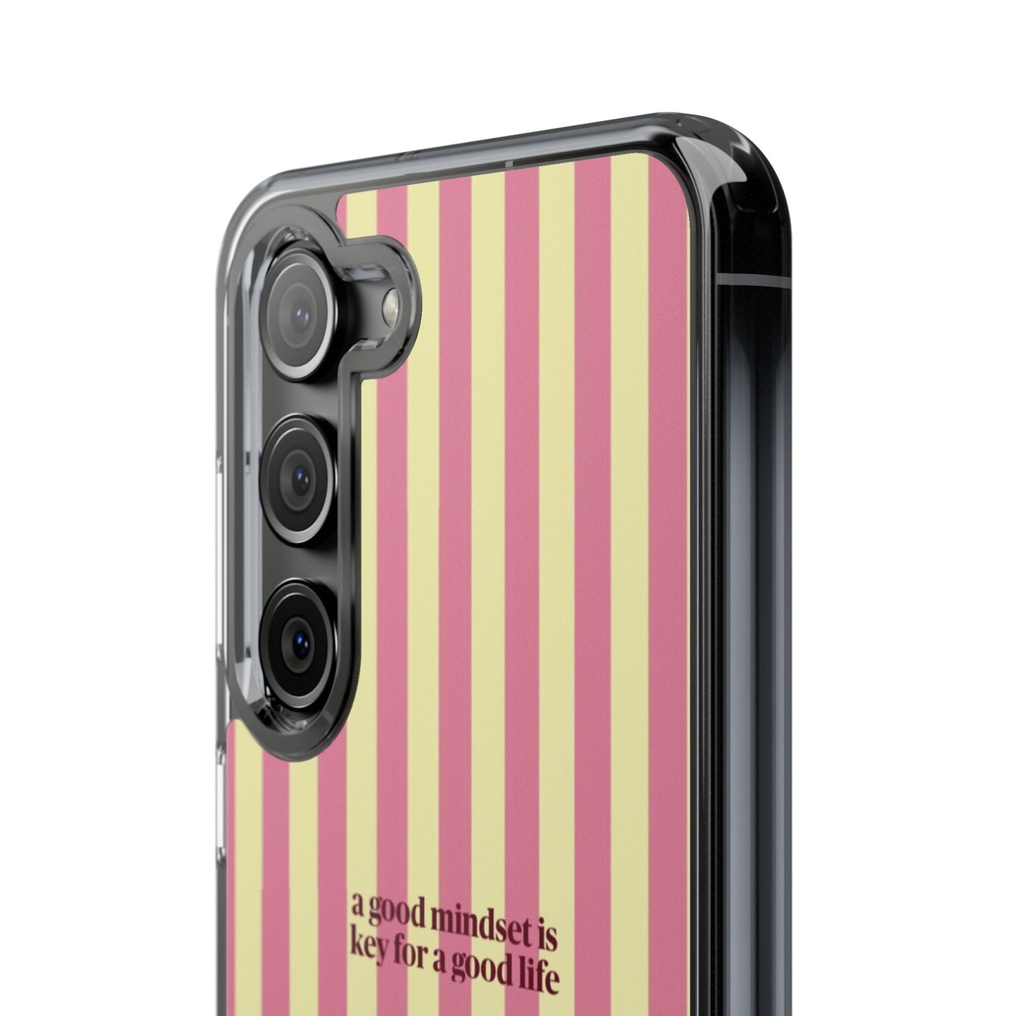 Striped Clear Phone Case — "A Good Mindset Is Key for a Good Life" Motivational iPhone Case