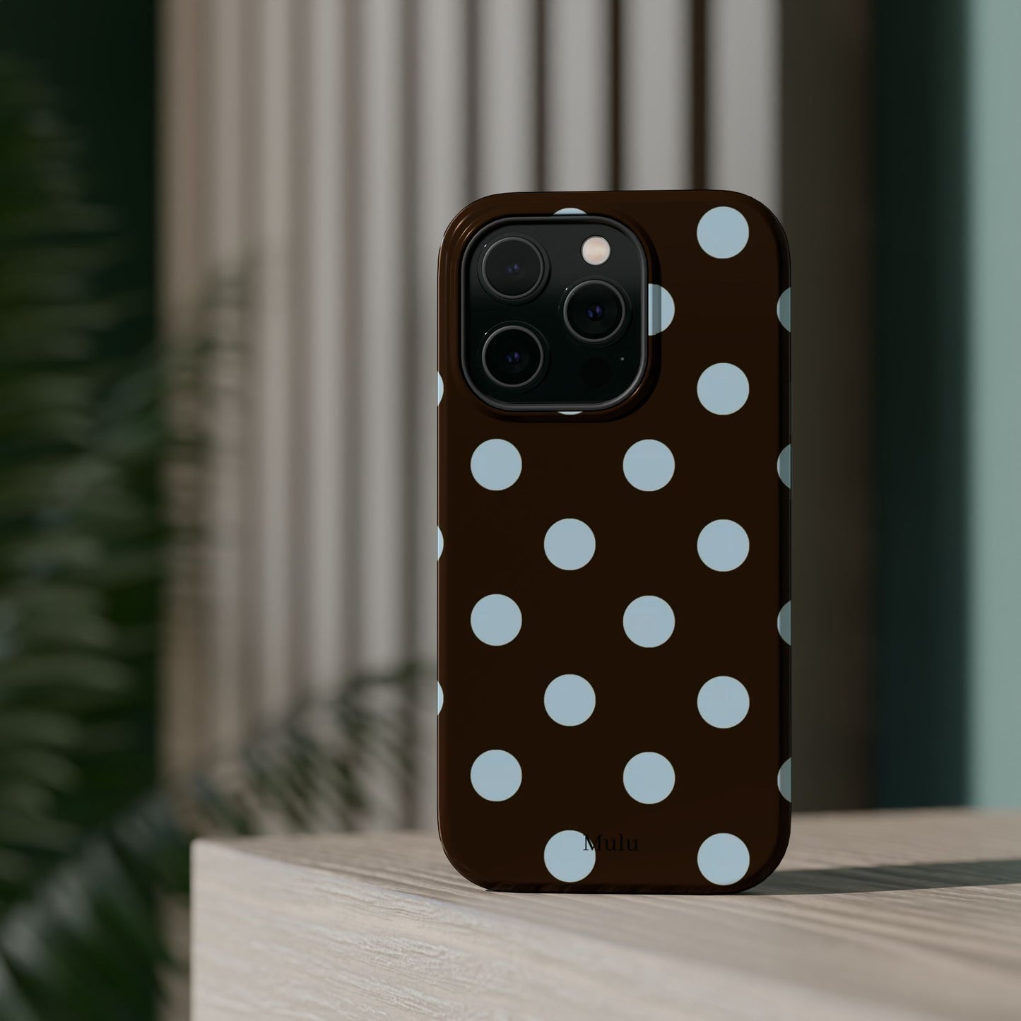 Polka Dot Magnetic Phone Case — Brown with Light Blue Dots, Impact-Resistant