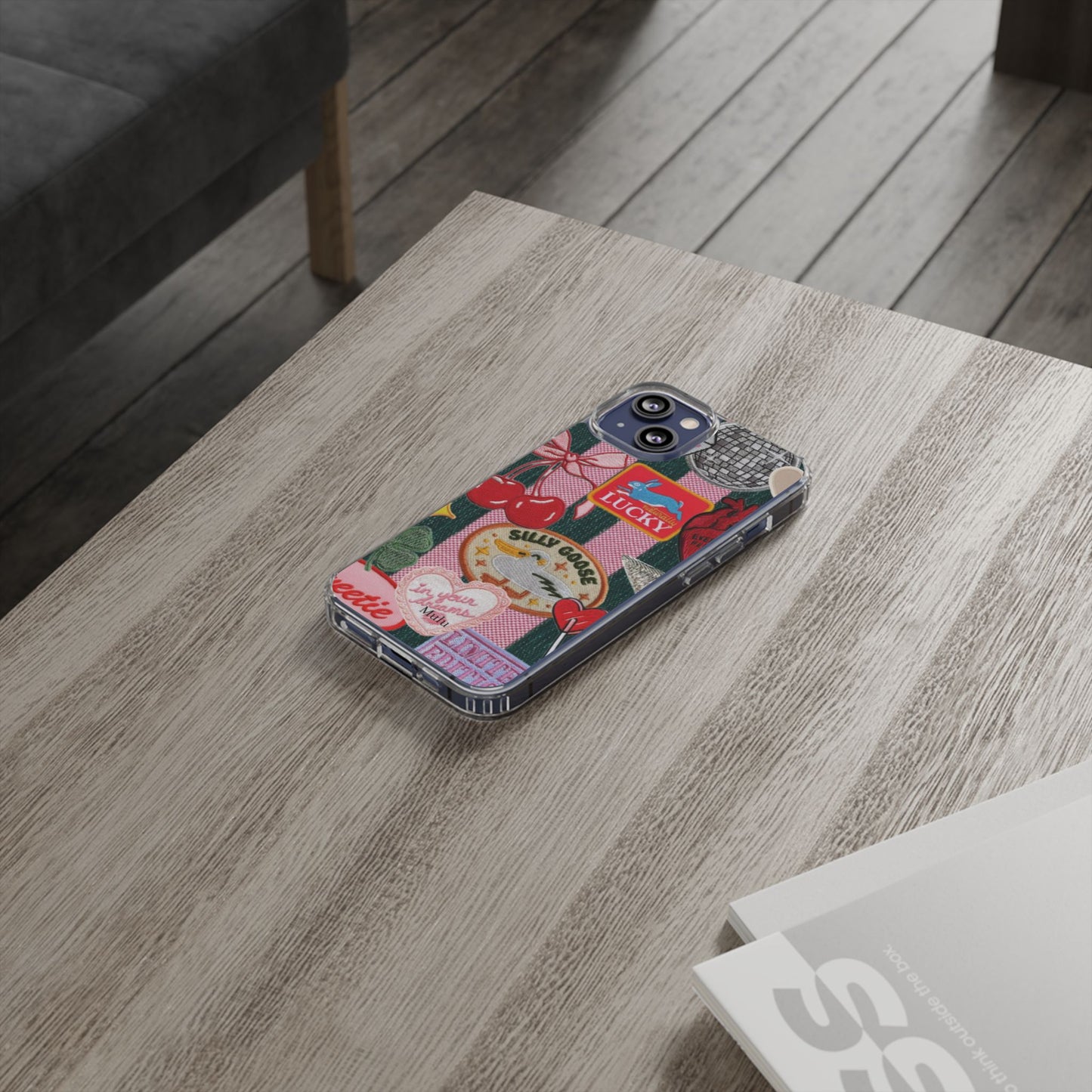Clear Impact-Resistant Phone Case — Retro Patchwork Stickers (Lucky, Cherries, Silly Goose)