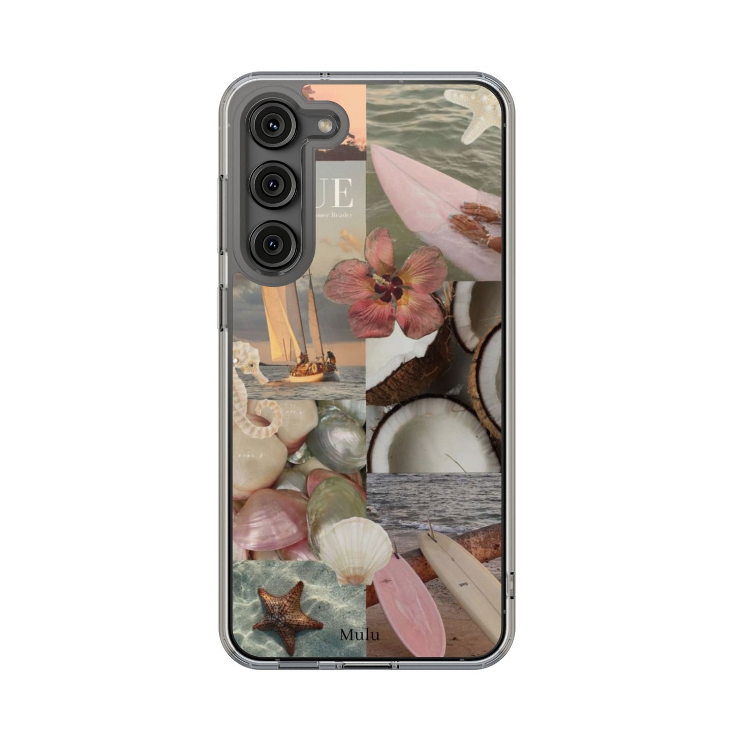 Clear Phone Case — Coastal Collage Shells & Surf Design