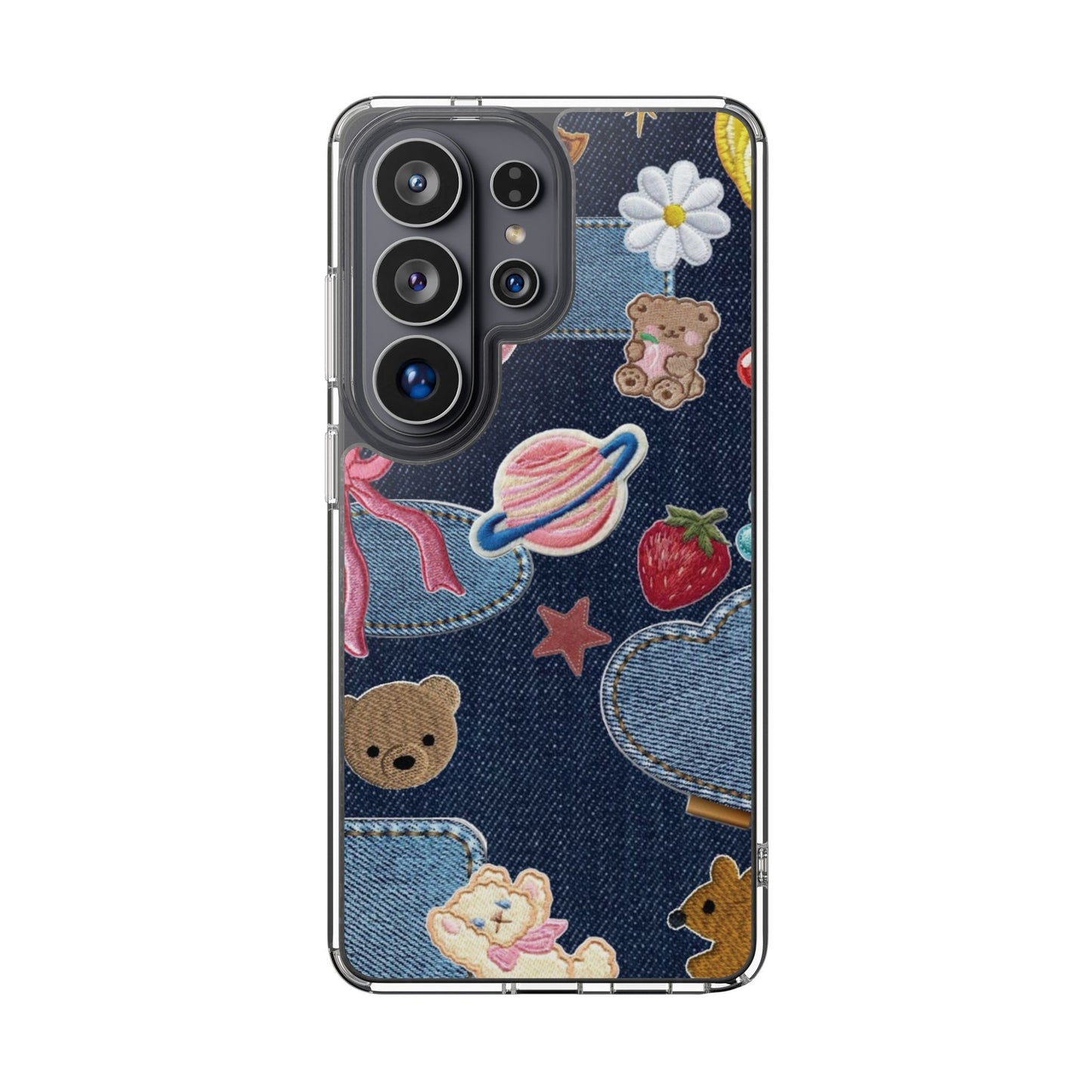 Clear Impact-Resistant Phone Case — Cute Denim Patch Collage (Teddy, Strawberry, Planet)