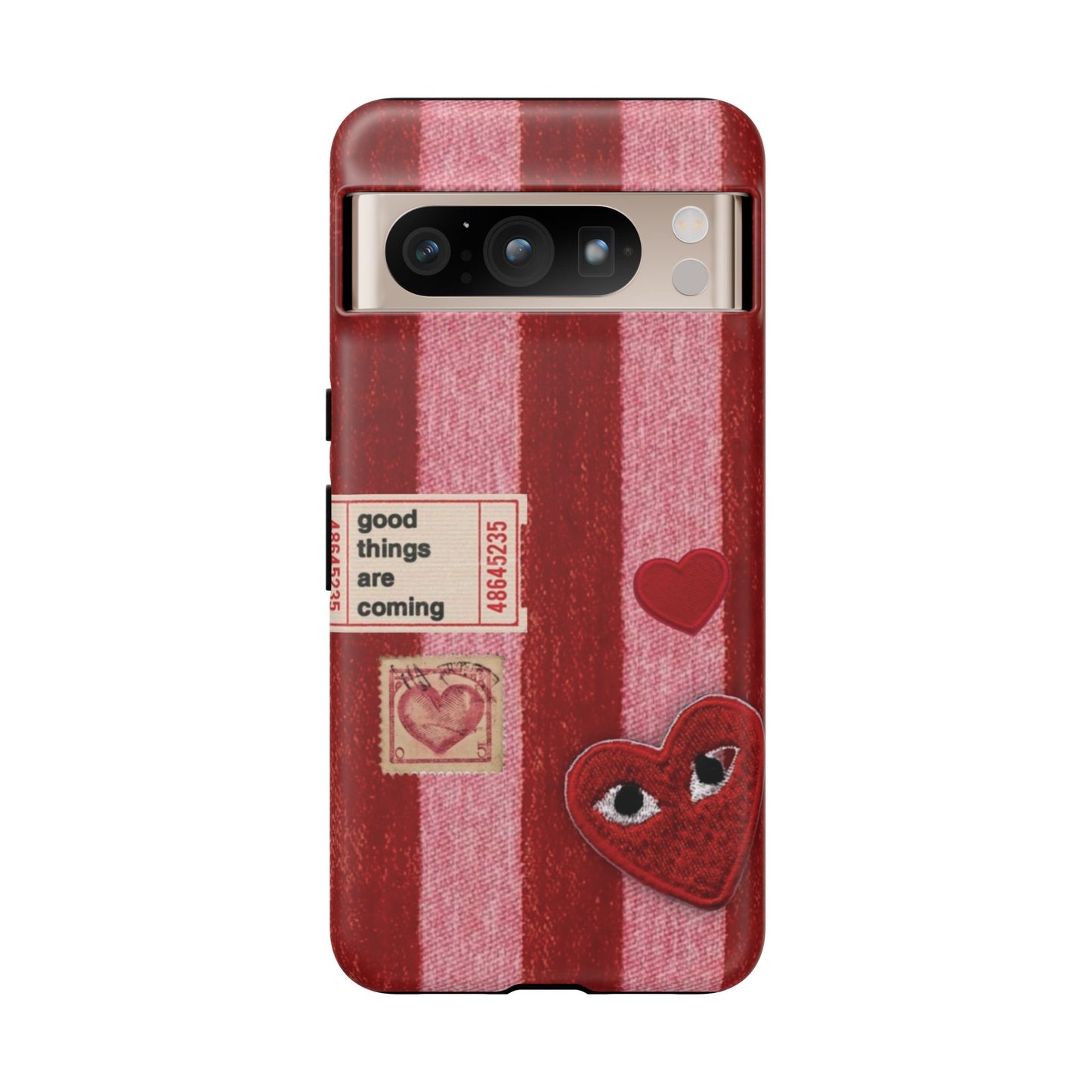 Phone Case — Red Striped Heart Design with “Good Things Are Coming”