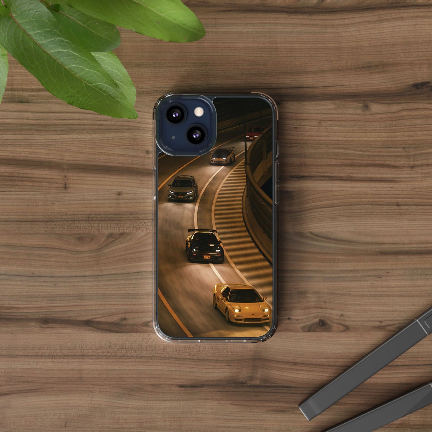 Racing Night Clear Phone Case – Sports Cars on Curved Highway