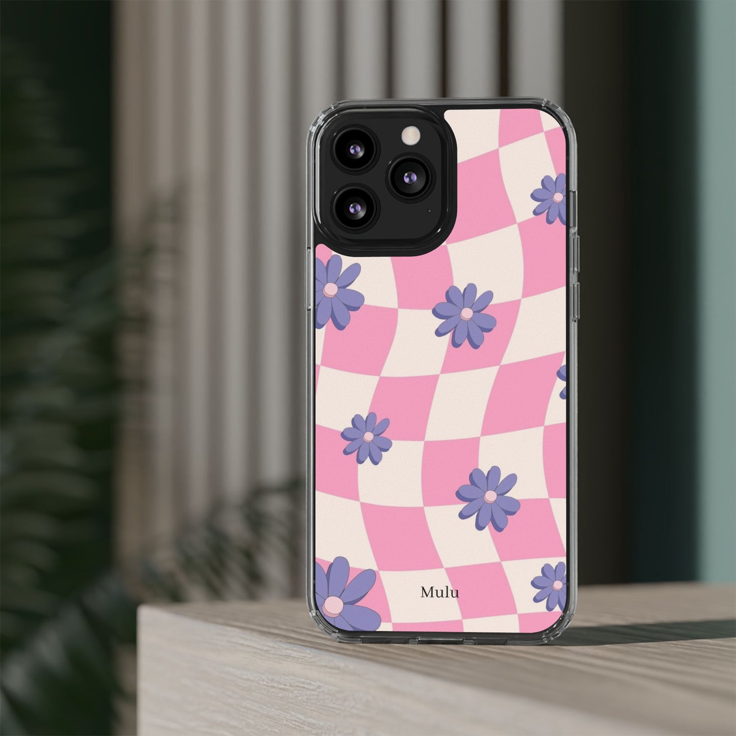 Clear Impact Phone Case — Pink Checkerboard with Purple Flowers