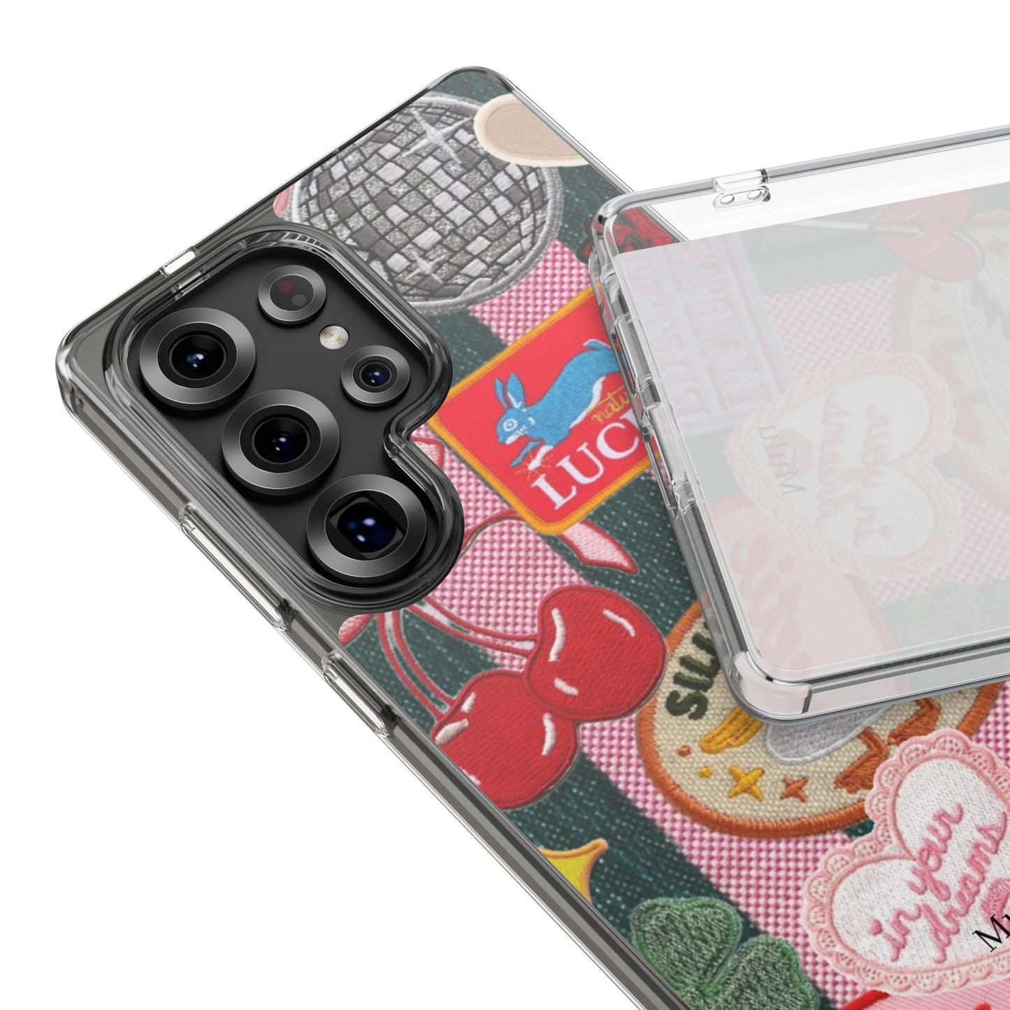 Clear Impact-Resistant Phone Case — Retro Patchwork Stickers (Lucky, Cherries, Silly Goose)