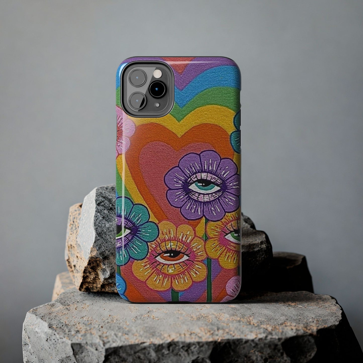 Psychedelic Eye Flower Tough Phone Case — Retro Rainbow Protective iPhone Cover