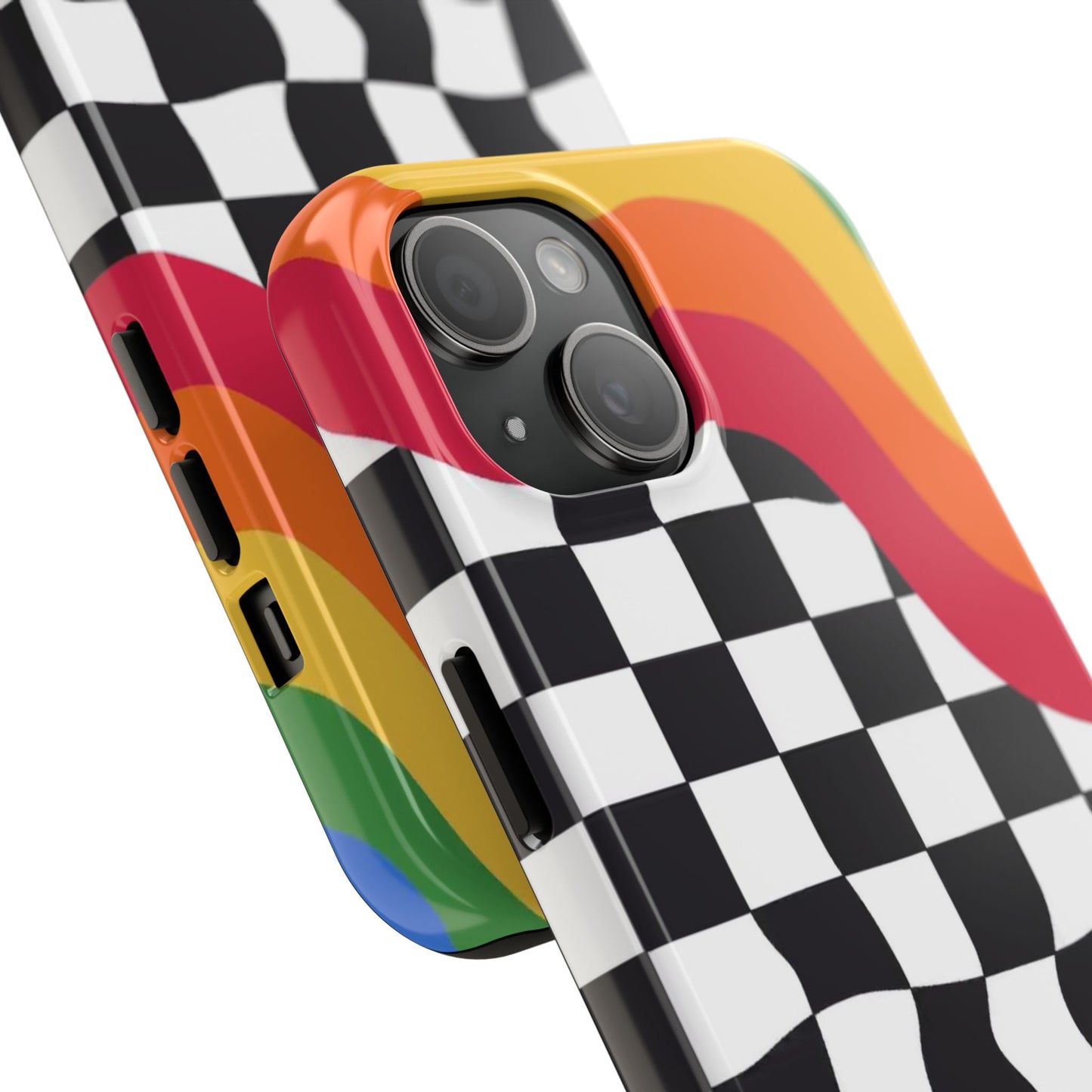Retro Wavy Checkerboard Tough Phone Case — Rainbow Surf Skate Design