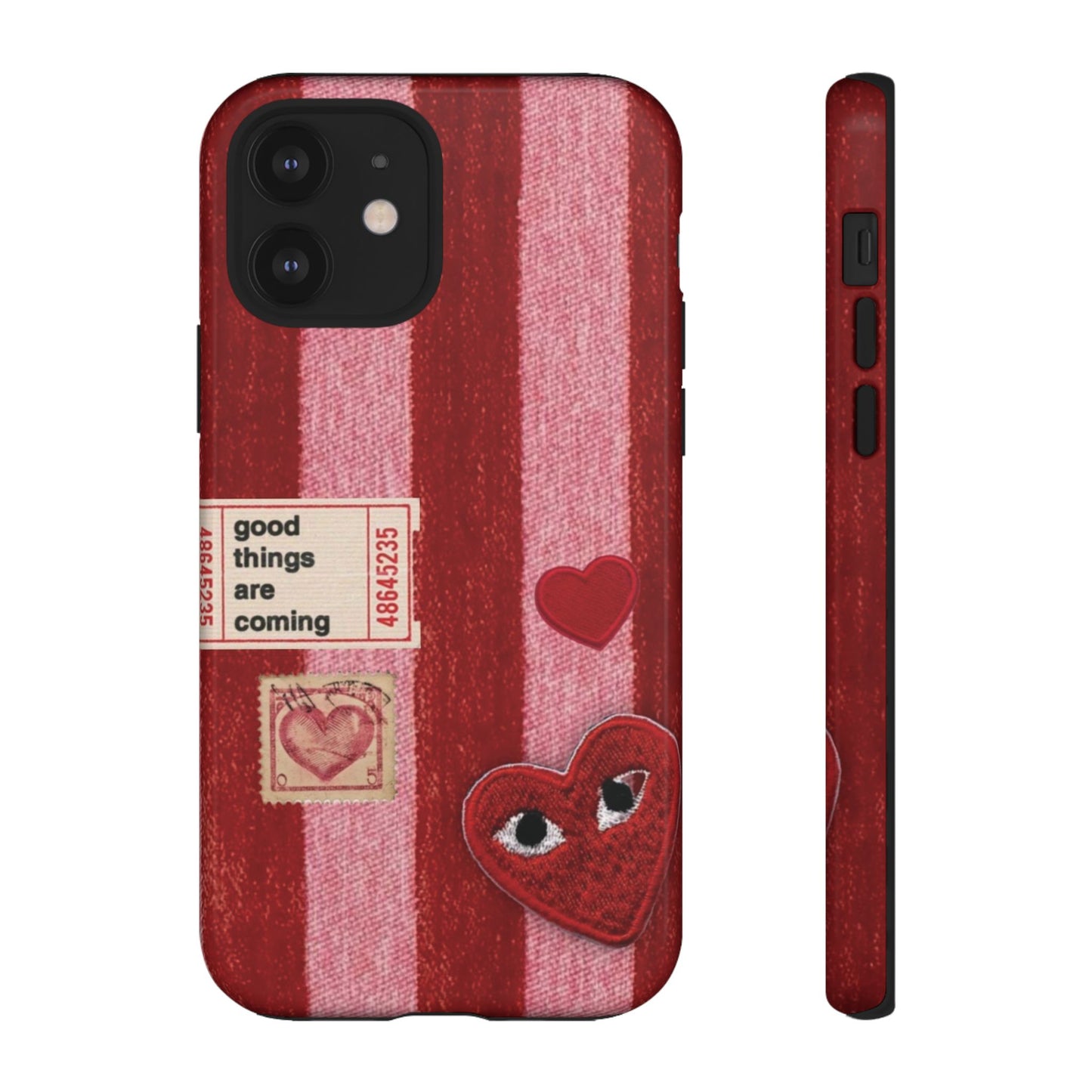 Phone Case — Red Striped Heart Design with “Good Things Are Coming”