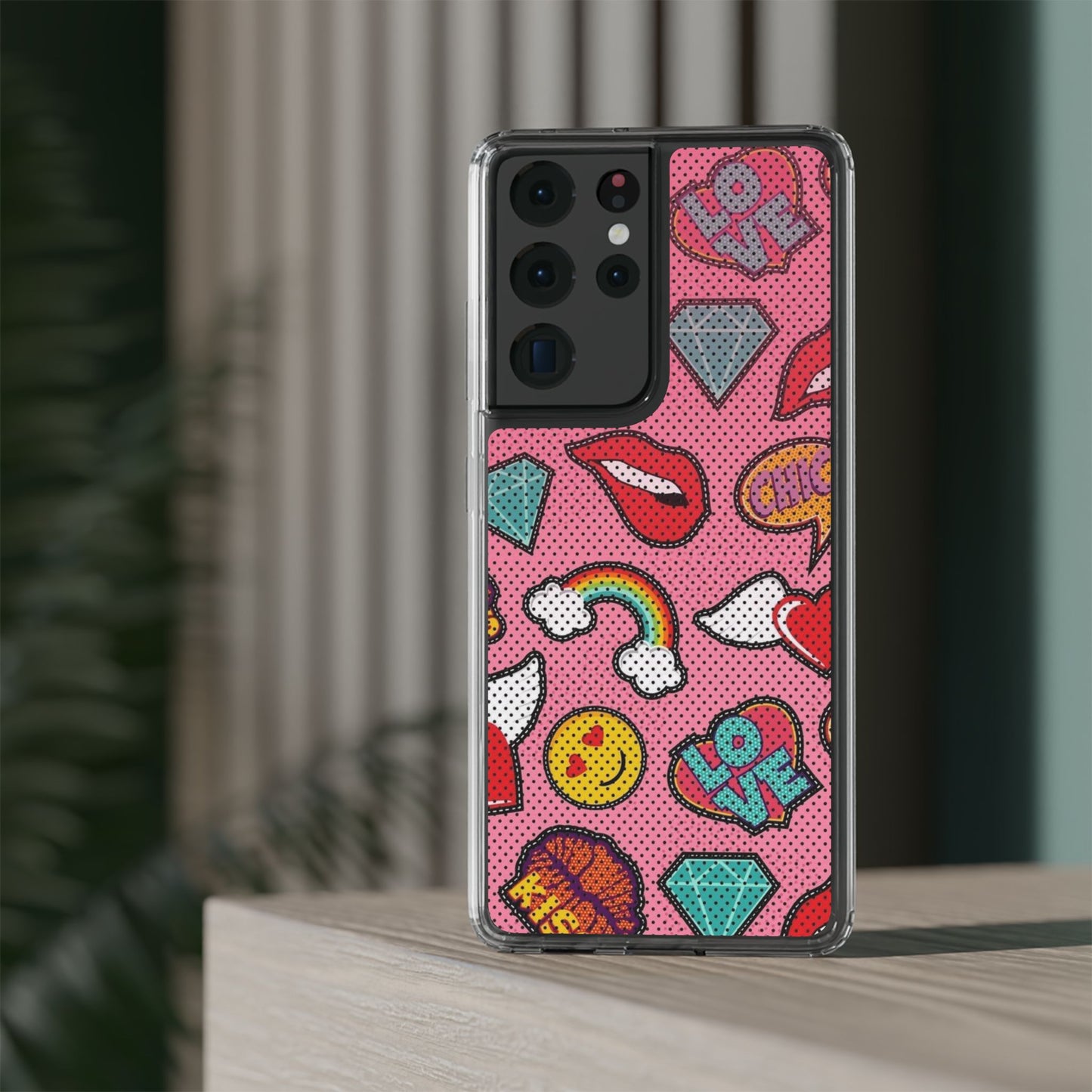 Clear Impact-Resistant Phone Case — Pink Pop Sticker Pattern (Hearts, Rainbows, Smileys)