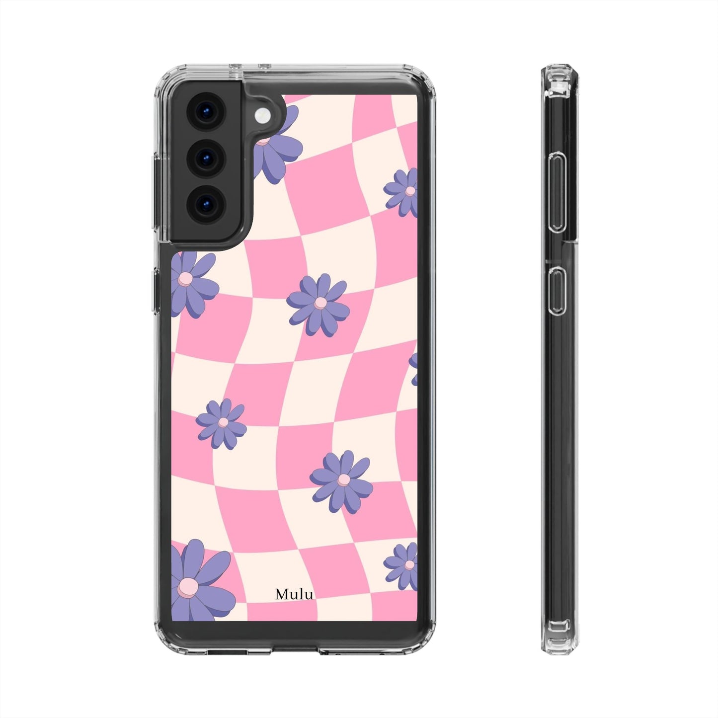 Clear Impact Phone Case — Pink Checkerboard with Purple Flowers