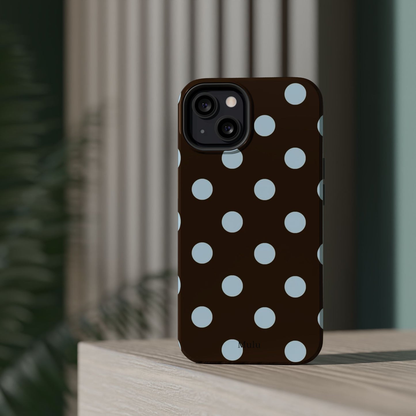 Polka Dot Magnetic Phone Case — Brown with Light Blue Dots, Impact-Resistant